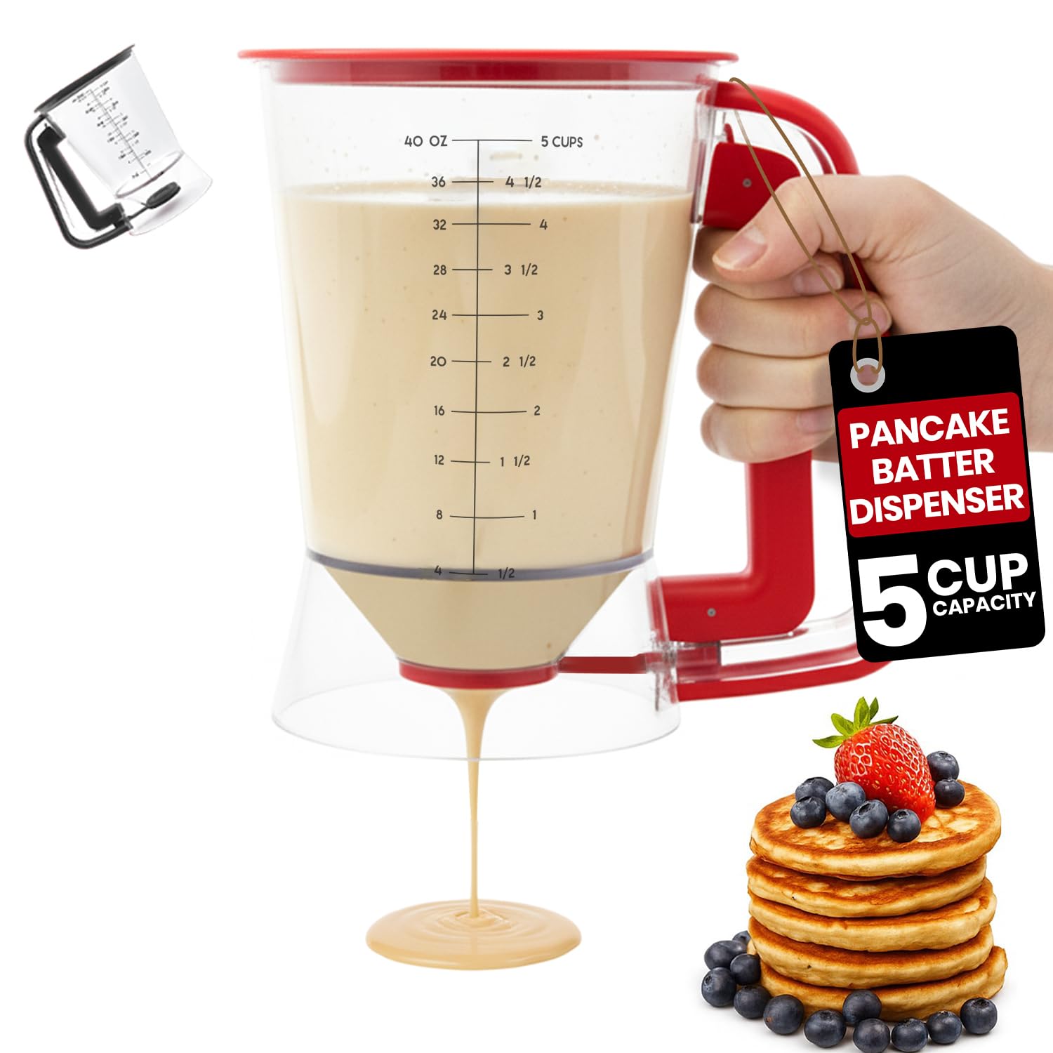 Eggssentials - Pancake dispenser, 5-Cup capacity for Batter, Cupcake Batter Dispenser, Waffles & Crepes, Easy Squeeze Handle, Dishwasher Safe - Red Pancake Mix Dispenser