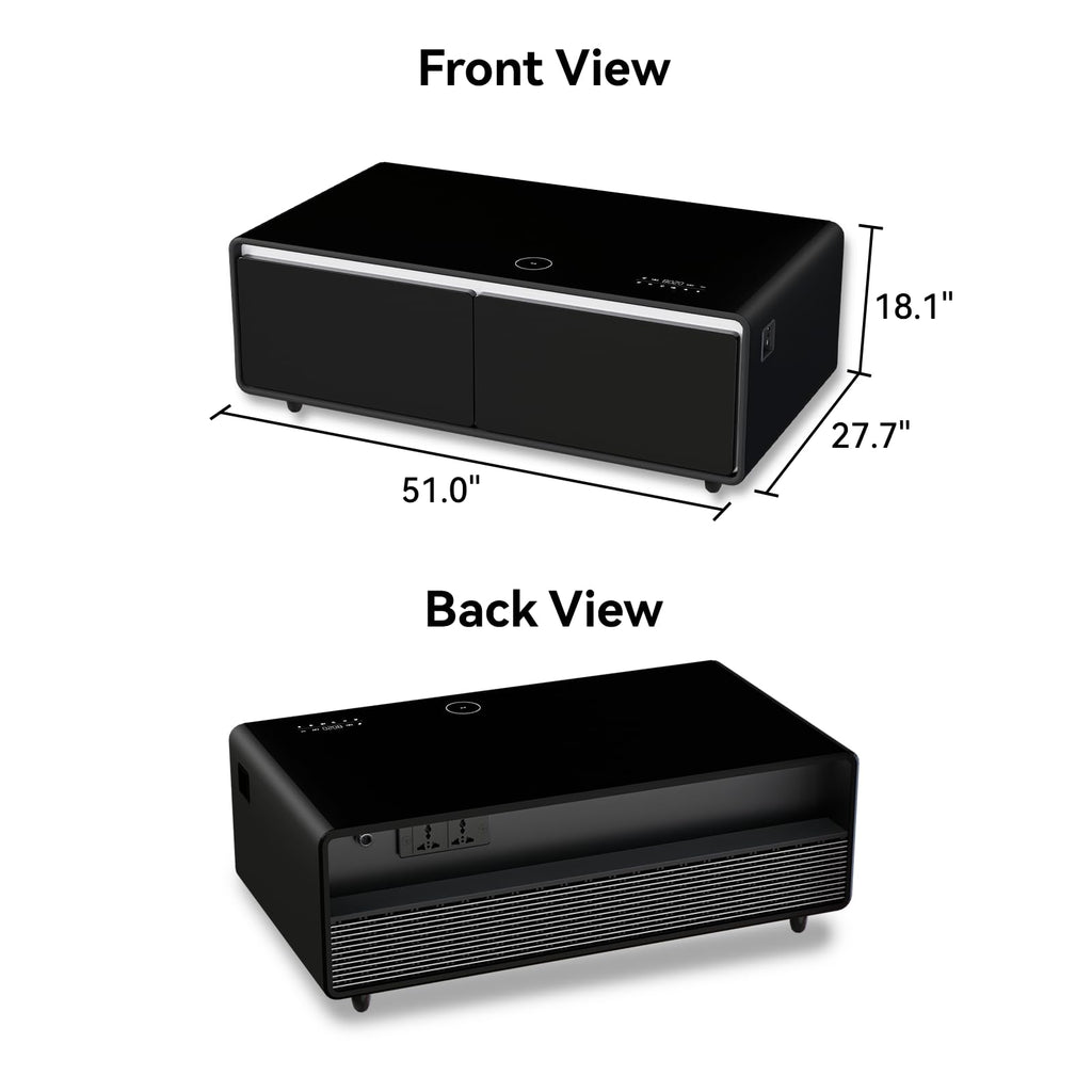 LIVTAB Smart Coffee Table, 27.8" D x 51" W x 18.1" H, Living Room Table with Built in Fridge and Speakers, Smart Table with 15W Wireless Charging, USB Chargers and 110V Outlets (Black)