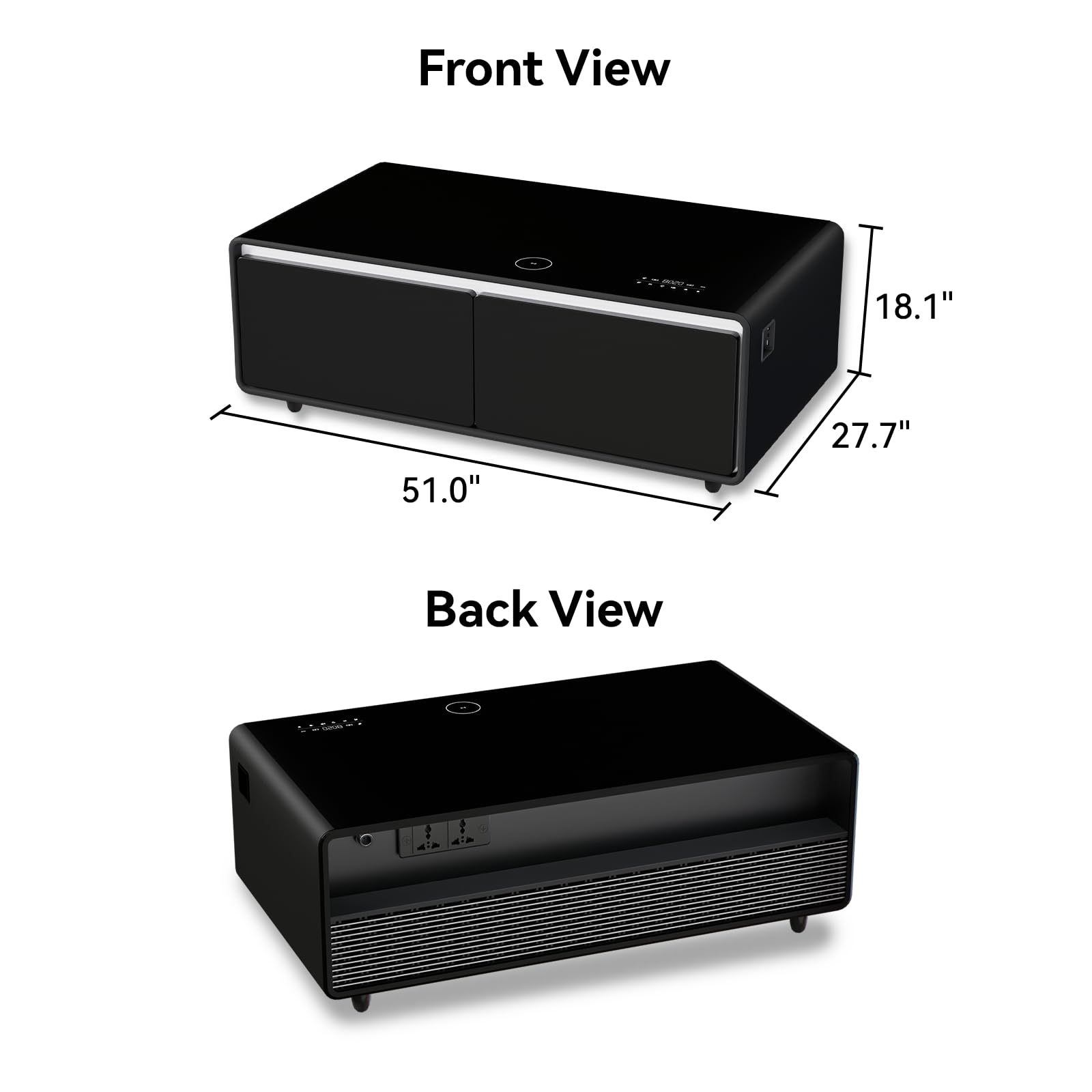 LIVTAB Smart Coffee Table, 27.8" D x 51" W x 18.1" H, Living Room Table with Built in Fridge and Speakers, Smart Table with 15W Wireless Charging, USB Chargers and 110V Outlets (Black)