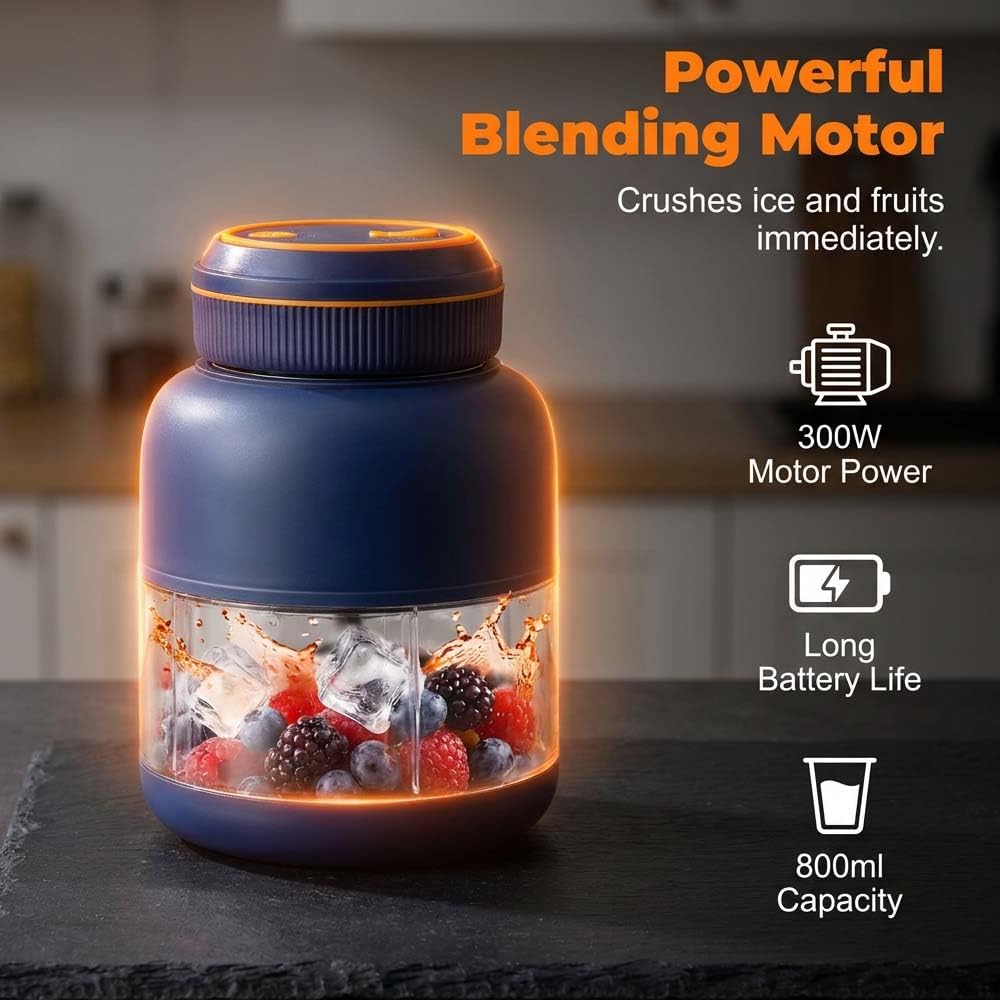 Portable Household Appliances Juicer, Electric Juicer Cup, Cordless Juice Mug with Dual Lid Design, Compact Travel Drinking Cup, Personal Blender for Smoothies, Juice (Navy, 800 ML)