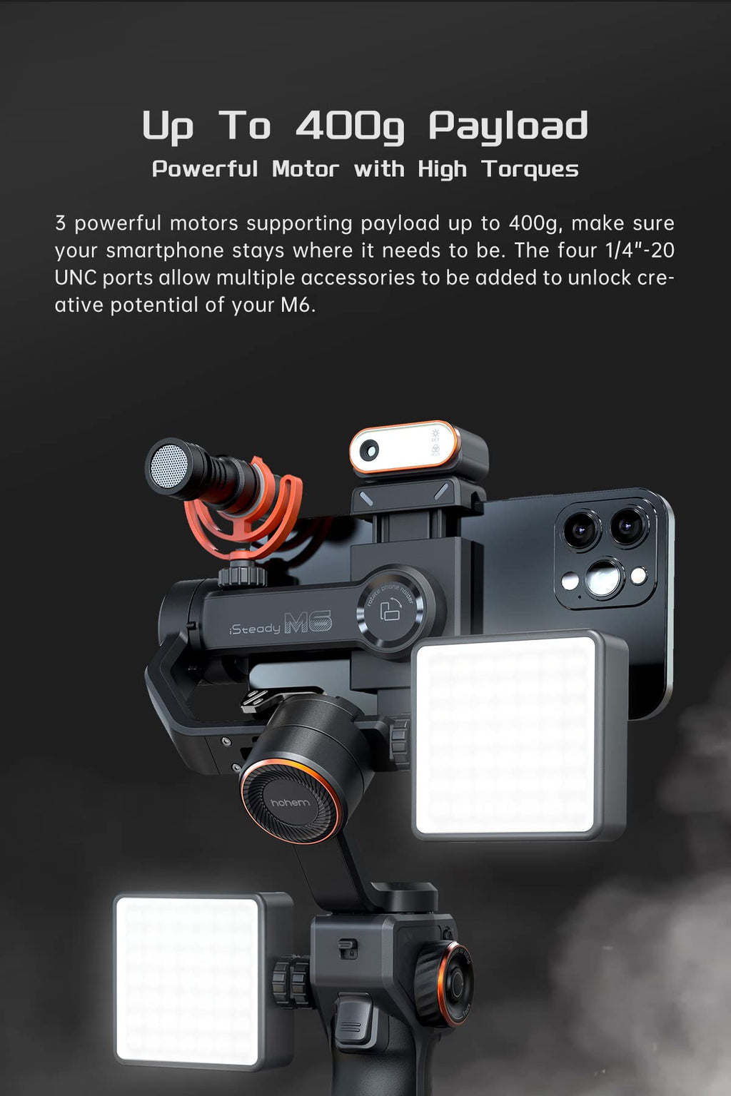 Hohem iSteady M6 Gimbal Stabilizer for Smartphone, 3-Axis Cell Phone Stabilizer Built-in OLED Display 400g Payload Reverse Charging Android and iPhone Gimbal with Inception Motion Timelapse