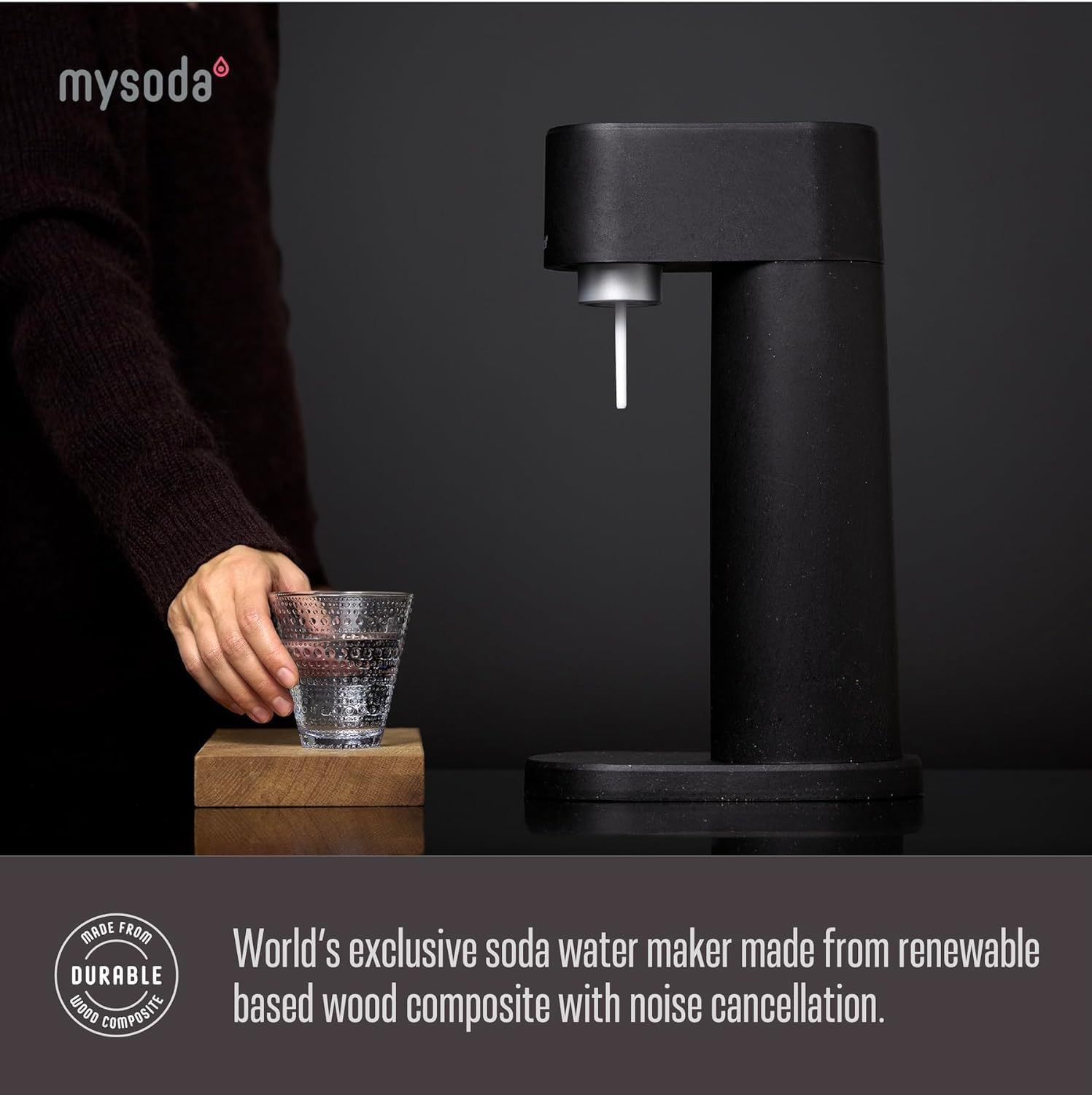 Mysoda Woody Sparkling Water Maker - Silent Carbonated Water Machine Robust Long-Lasting Aluminium Soda Maker - With 1L Water Bottle - Without CO2 Cylinder - Black