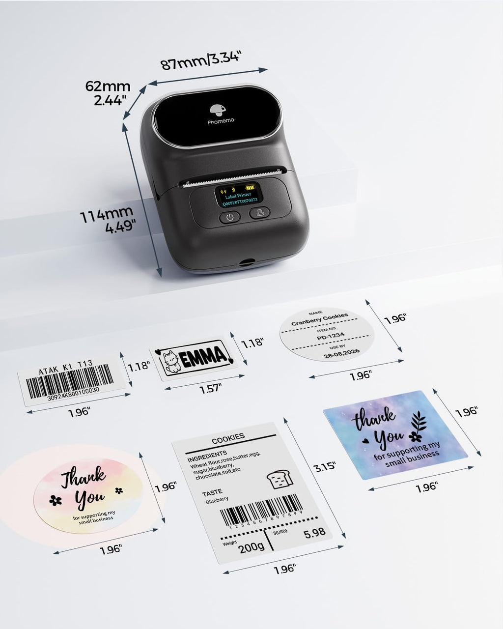 Phomemo M110 Label Makers - Barcode Label Printer Bluetooth Label Maker Portable Thermal Printer for Small Business, Address, Barcode, Logo, Clothing, Mailing, Sticker Printers for Phone & PC, Black