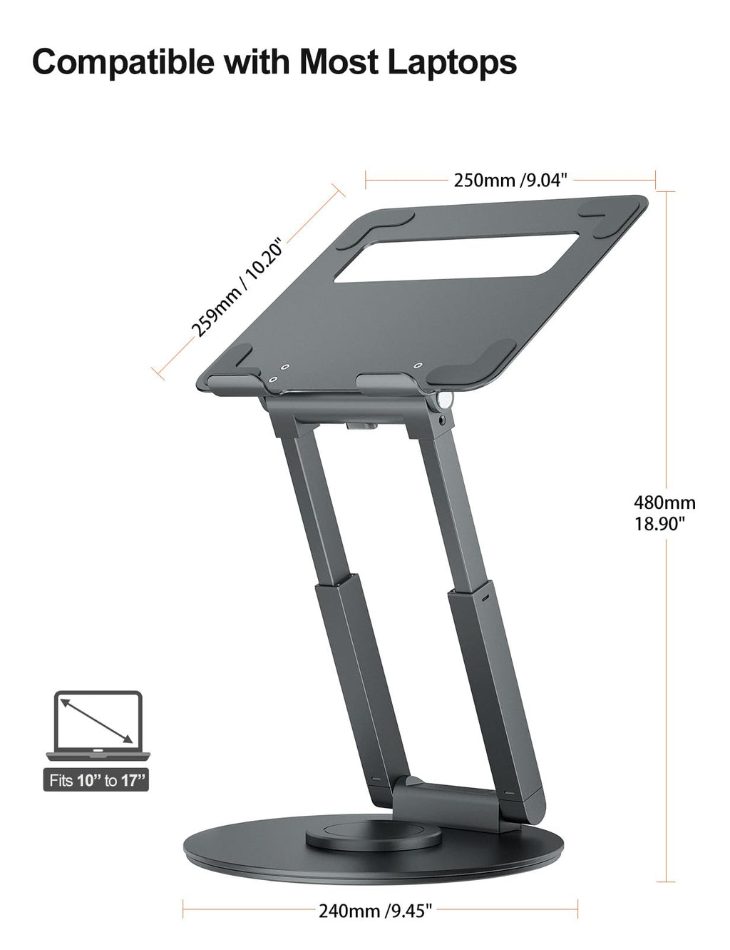 tounee Telescopic Laptop Stand for Desk with 360° Swivel Base, Sit to Stand, Height Adjustable, Portable Riser Holder for Good Posture, Compatible with MacBook Pro, All Laptops 10-17"-Gray