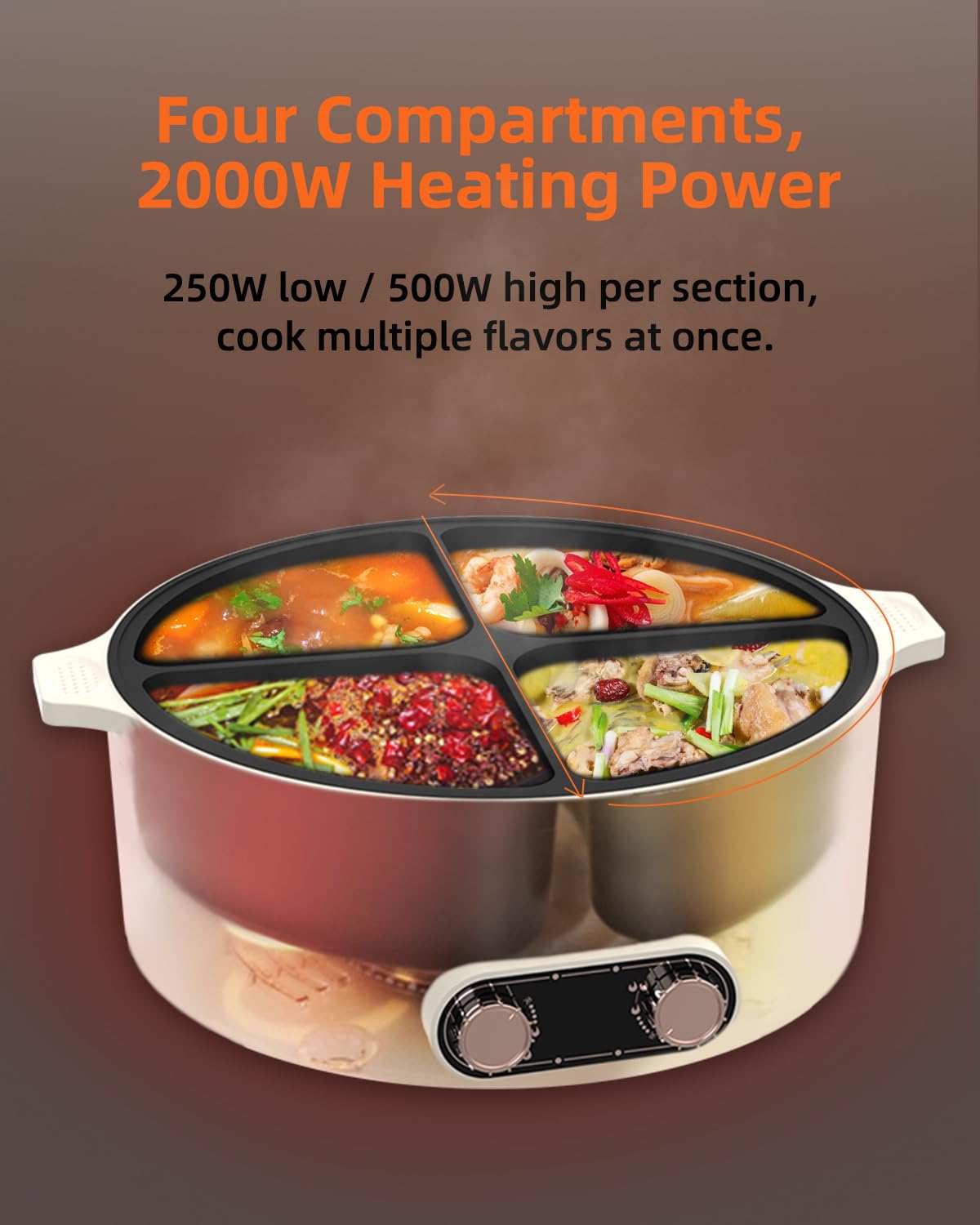 Electric Hot Pot Cooker with Divider, 4 Compartment Hotpot Pot, 2000W Shabu Shabu Pot Electric with Non-Stick, 5Qt Hot Pots for Indoor Cooking, Family Party