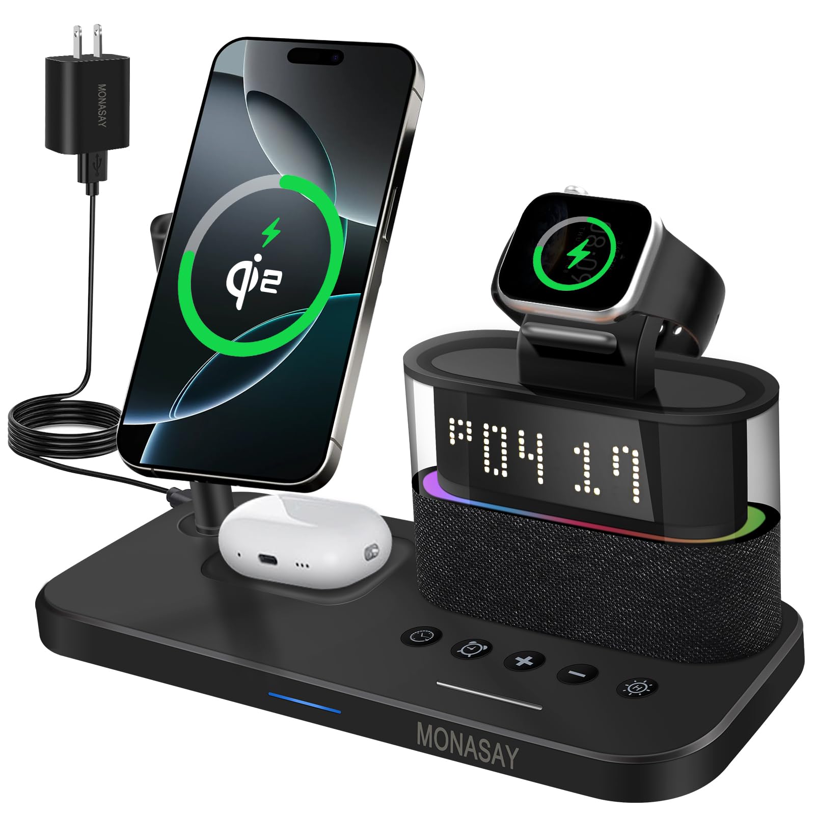 MONASAY Qi2 5 in 1 Wireless Charging Station, 23W Wireless Charger with Alarm Clock for Multiple Devices, Magnetic Charger Stand for iPhone 16/15/14/13/12 Series and AirPods, Apple Watch Series, Black