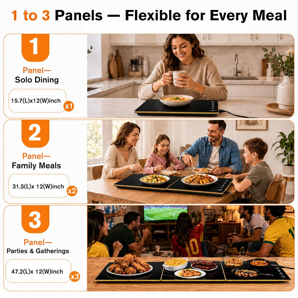 Food Warming Tray for Parties Buffet, Modular 1-3 Panel Electric Warming Tray, 47.2" x 12” Food Warmer with Rapid Heating,7 Temp Settings and 8-Hour Timer, Safe for All Tabletops,Holiday Gatherings