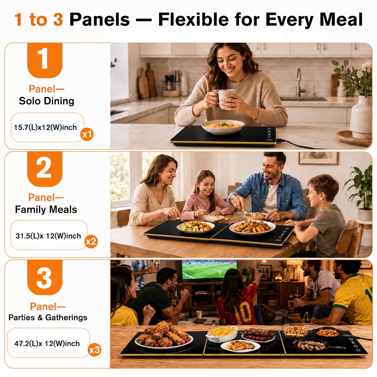 Food Warming Tray for Parties Buffet, Modular 1-3 Panel Electric Warming Tray, 47.2" x 12” Food Warmer with Rapid Heating,7 Temp Settings and 8-Hour Timer, Safe for All Tabletops,Holiday Gatherings