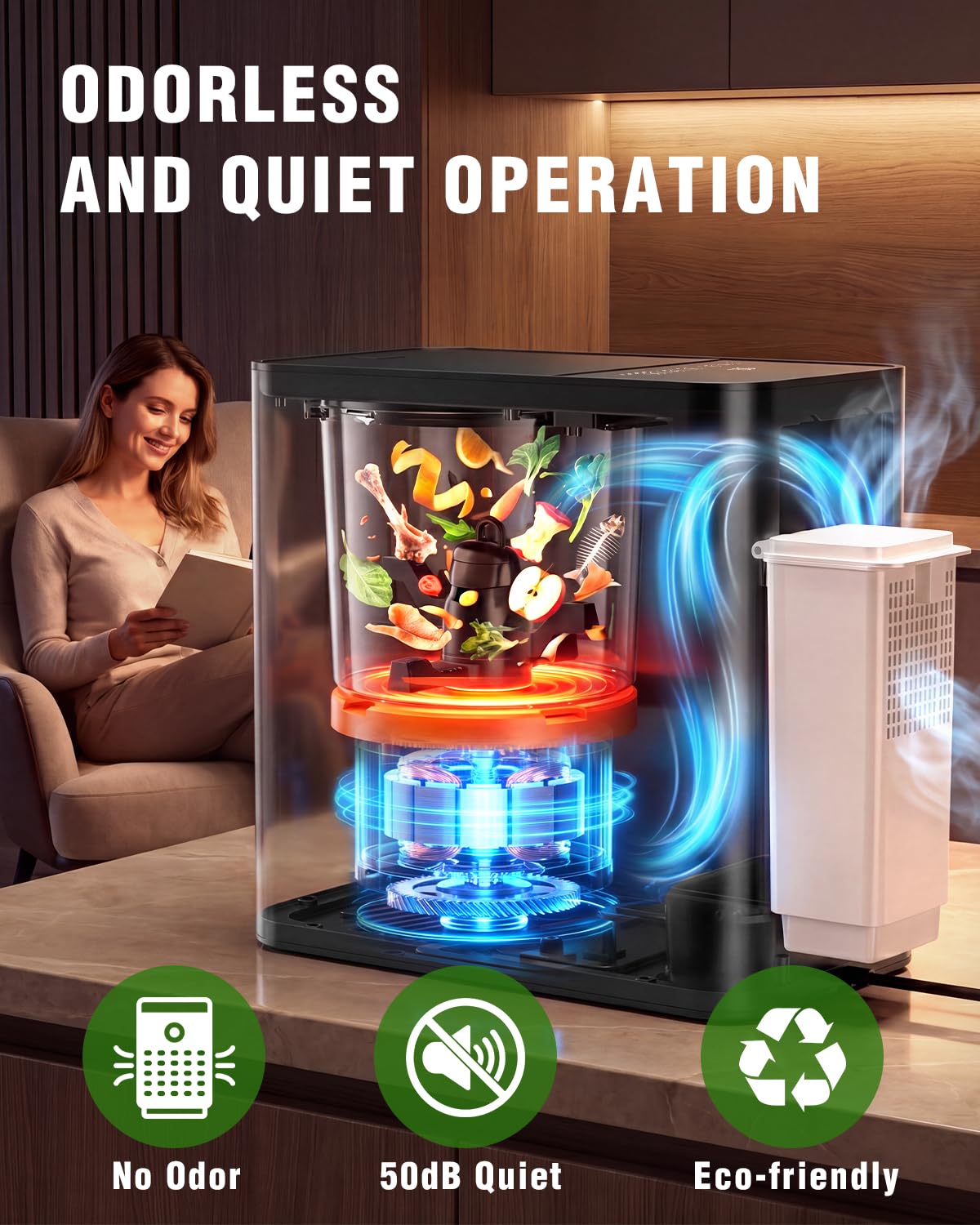 Growell Electric Composter for Kitchen, ETL Listed, 3.2L (108 Oz) Countertop Compost Bin with Strong Brushless Motor(2X Longer Lifespan), Quiet & Odorless, Indoor Composter with LED Display, EC04