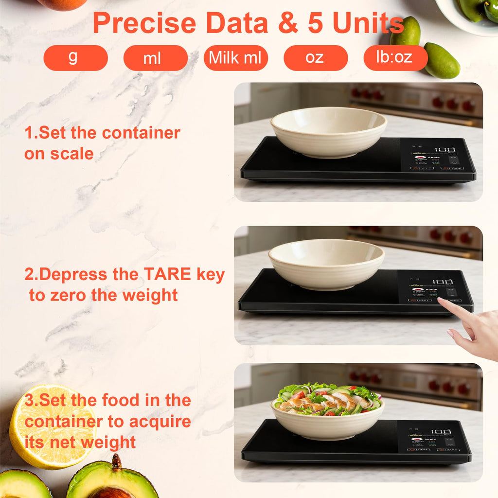 Smart Kitchen Food Scale with Nutritional Calculator, Calorie Fat Carbs Protein Tracker, Free App, Barcode Scan, Food Preload, 23 Nutrients, On-Screen Display, Personal Goals, 11 lb / 5 kg