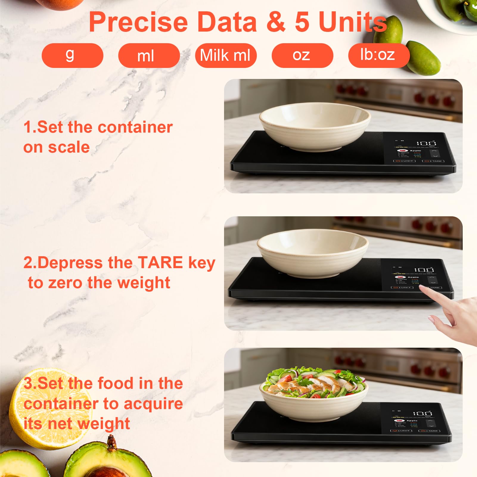 Smart Kitchen Food Scale with Nutritional Calculator, Calorie Fat Carbs Protein Tracker, Free App, Barcode Scan, Food Preload, 23 Nutrients, On-Screen Display, Personal Goals, 11 lb / 5 kg