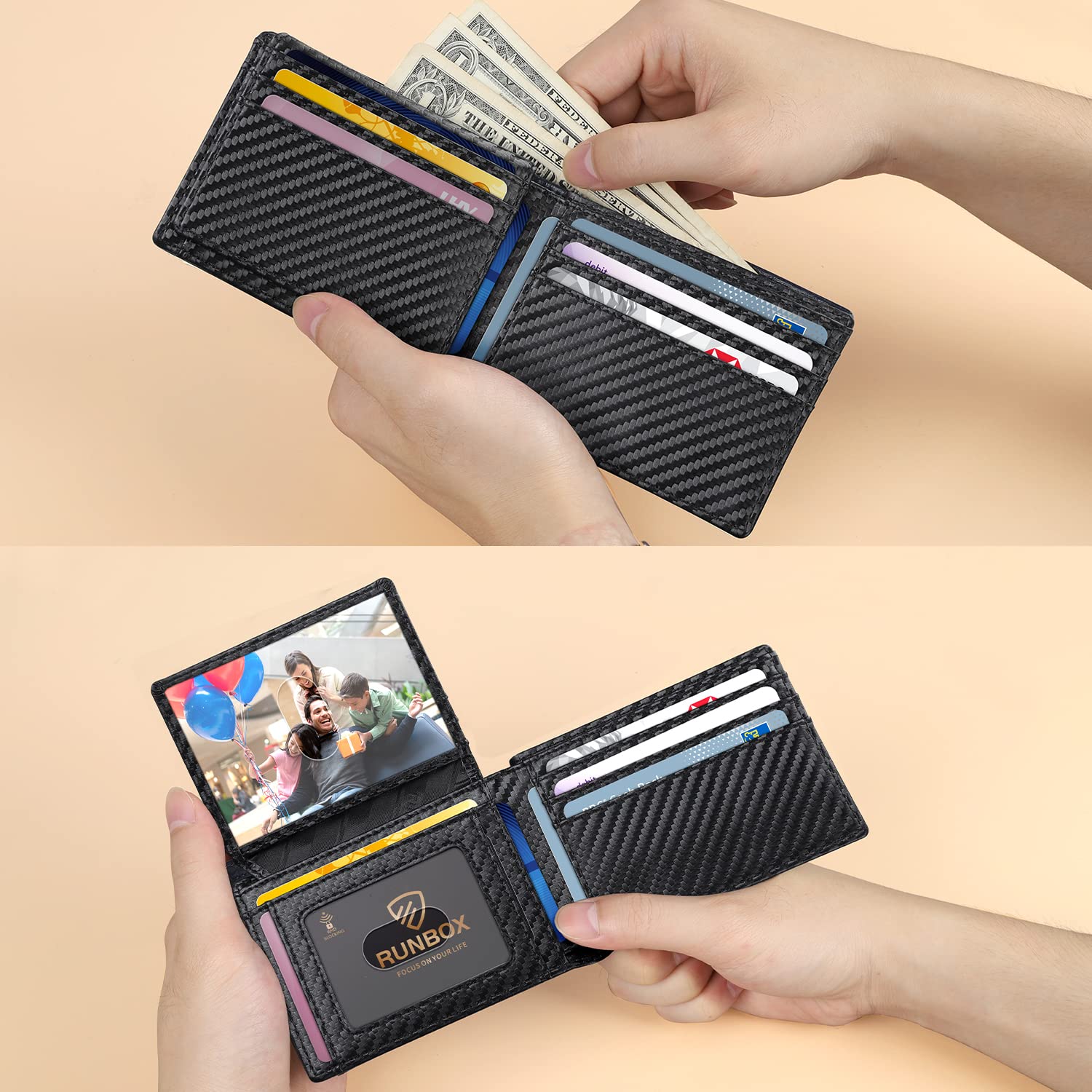 RUNBOX Wallet for Men -Slim RFID Leather Mens Bifold Wallets 2 ID Window With Gift Box Men's Accessories