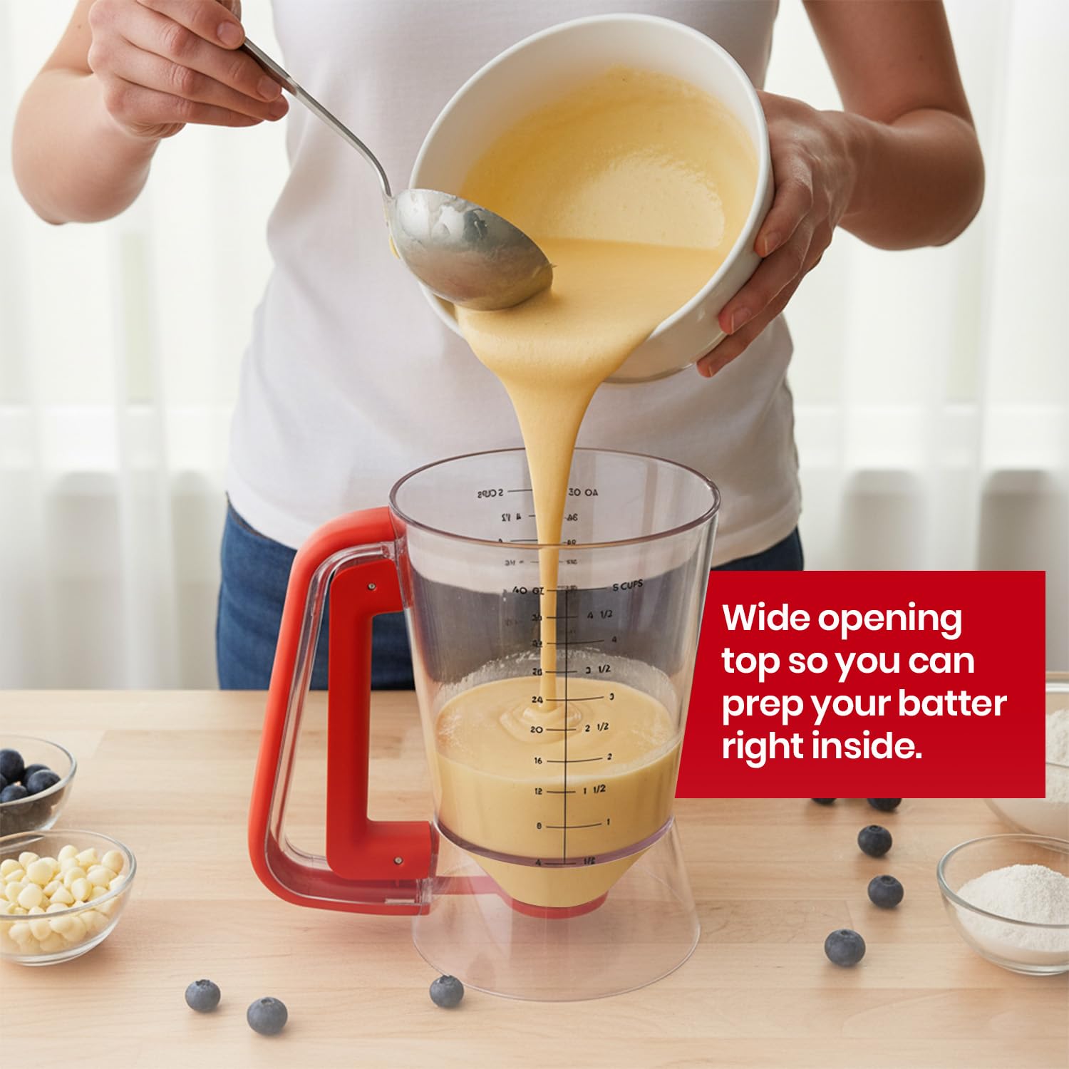 Eggssentials - Pancake dispenser, 5-Cup capacity for Batter, Cupcake Batter Dispenser, Waffles & Crepes, Easy Squeeze Handle, Dishwasher Safe - Red Pancake Mix Dispenser