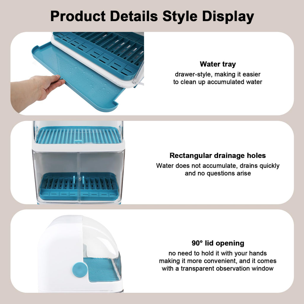 Ageanbri 2 Tier Dish Drying Rack Drain Board with Lid Cover, Drain Board with Lid Plastic Cover, Drying Rack Storage Case for Kitchen Countertop, Dustproof Kitchen Supplies Shelf Utensils Organize