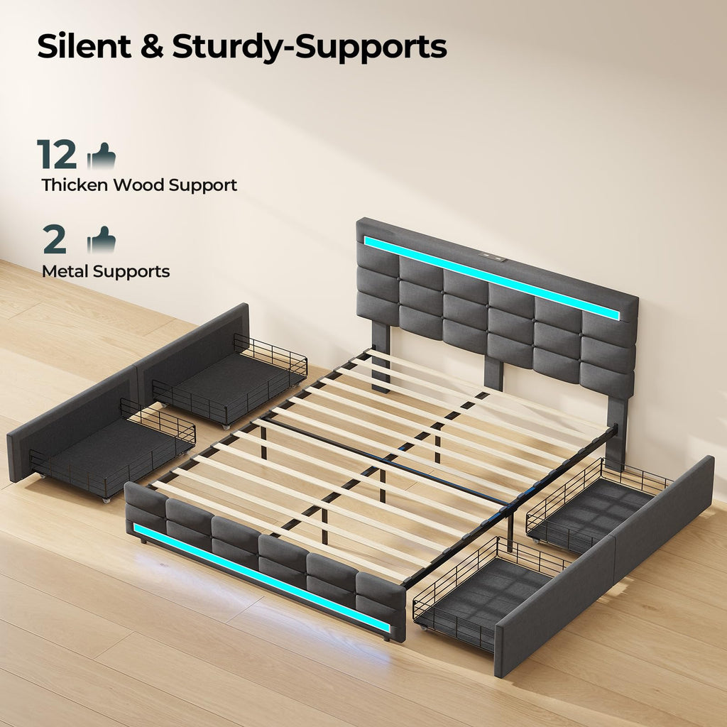 ADORNEVE Queen Bed Frame with 4 Storage Drawers, Upholstered Headboard with Charging Station & LED Lights, Metal and Wood Platform Bed, No Box Spring Needed, Easy Assembly, Dark Grey