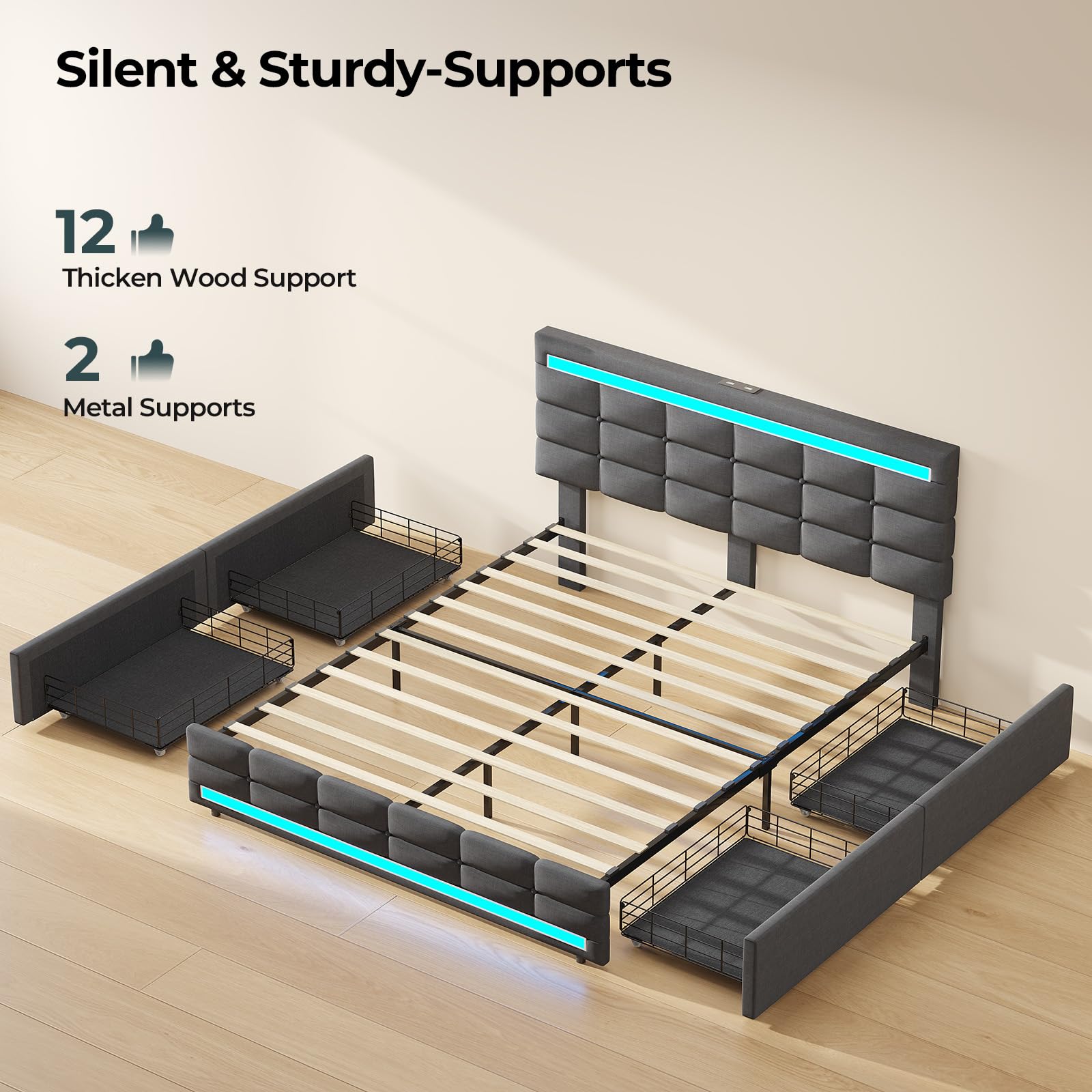ADORNEVE Queen Bed Frame with 4 Storage Drawers, Upholstered Headboard with Charging Station & LED Lights, Metal and Wood Platform Bed, No Box Spring Needed, Easy Assembly, Dark Grey