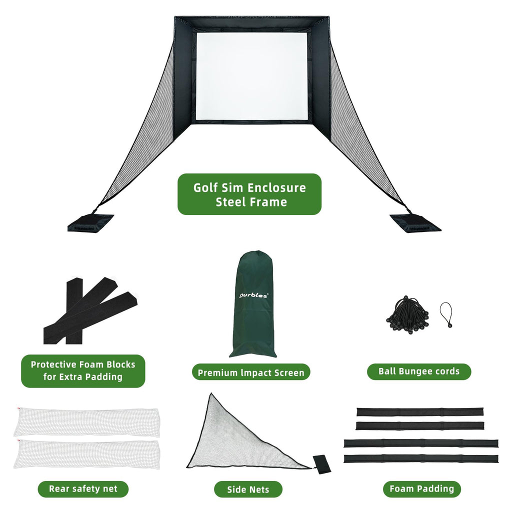 Golf Simulator Enclosure Kit with Premium HD Impact Screen, Full Safety Padding & Blackout Curtain, Home Golf Sim Setup Compatible with Launch Monitors, Indoor Cage Net Golfing Accessories (10 x 8 ft)