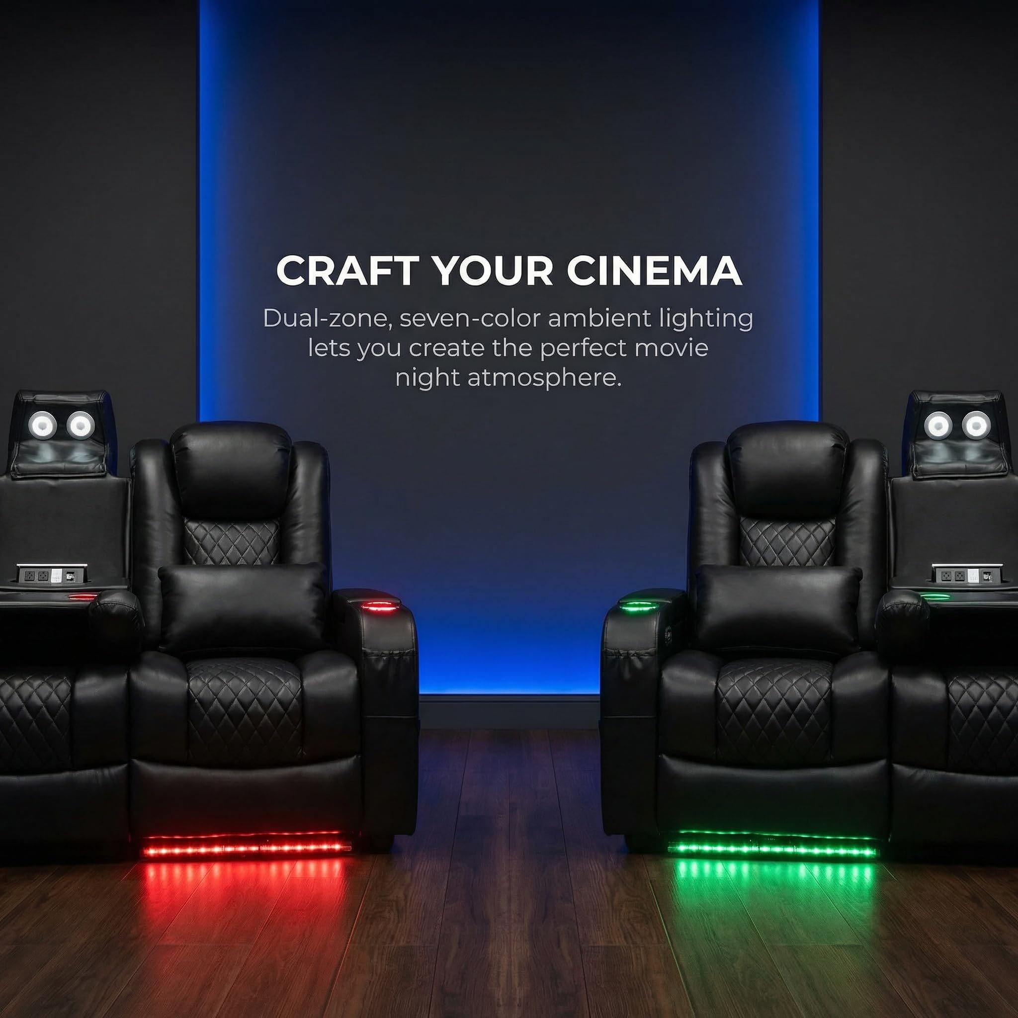 Airadlis Home Theater Seating Seats Dual Power Movie Theater Chairs Theater Recliner Sofa with 7 Colors Ambient Lighting, Lumbar Pillow, Side Pocket, Tray Table,Type-C USB Charge