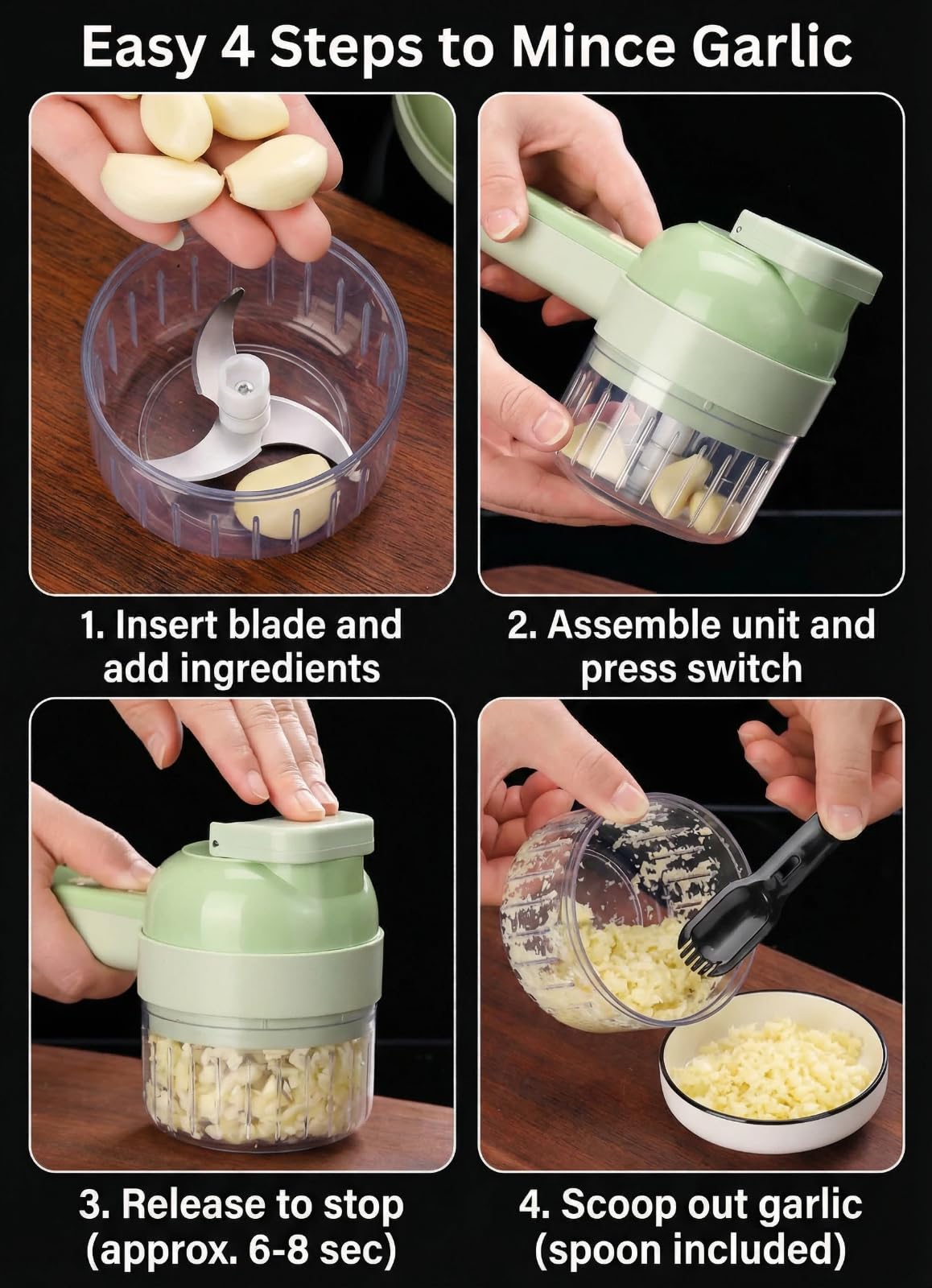 Multi functional electric vegetable slicers，4-in-1vegetable cutter, garlic chopper mini, garlic food processor, electric wireless food slicer