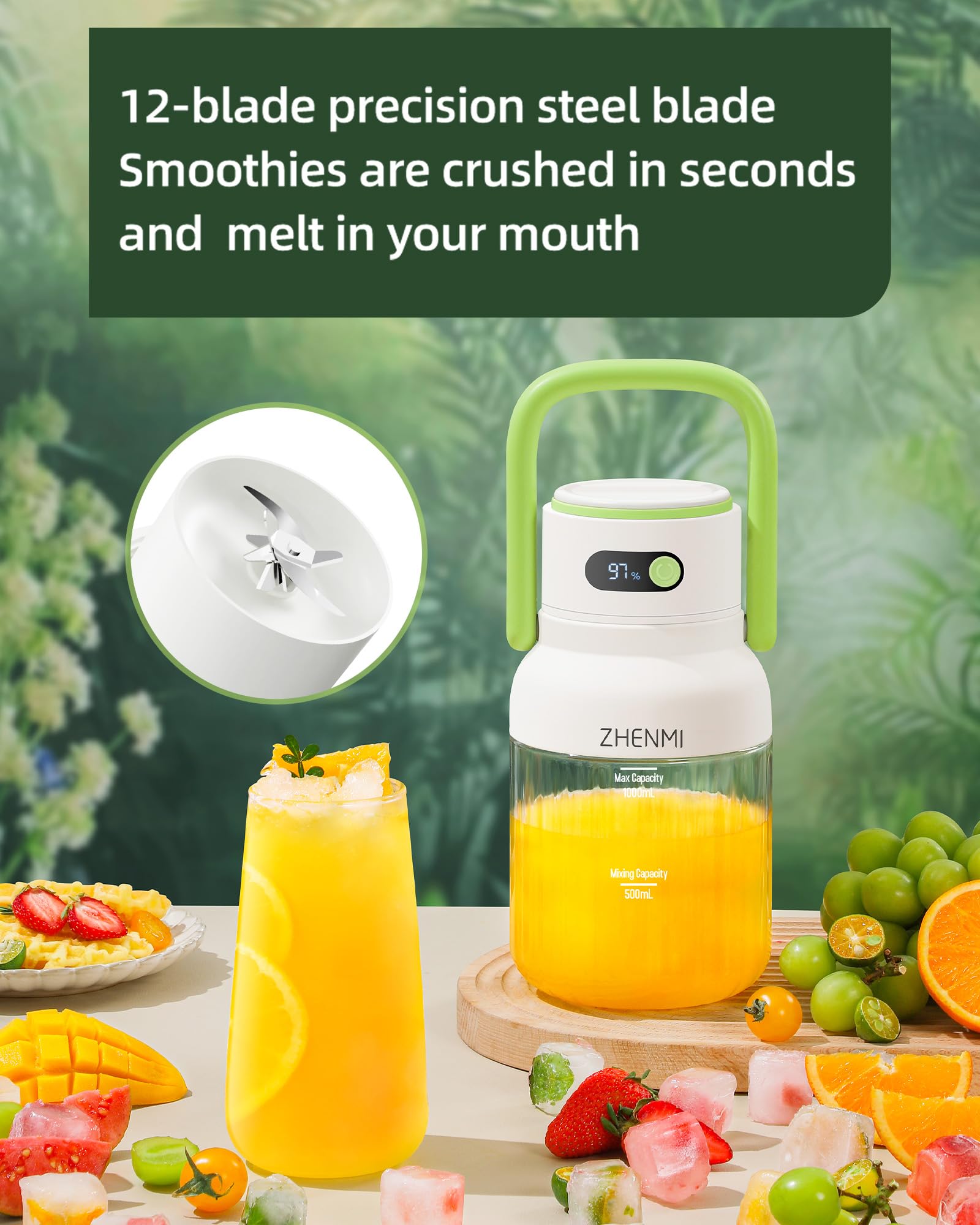 ZHENMI Portable Blender, Personal Blender for Smoothies & Shakes, Cordless, 33oz BPA-Free Vessel, 18000RPM Motor, Leakproof Lid with Sip Spout, USB-C Rechargeable, Easy-to-Clean Parts (Green)