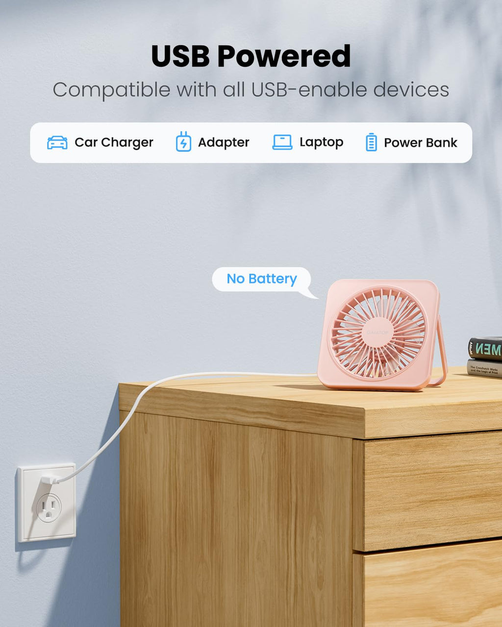 Gaiatop USB Desk Fan, 5 Inch Small Portable Table Desktop Fans with Strong Wind Ultra Quiet 3 Speeds and 180° Tilt Folding, Mini Personal Cooling Essentials For Office Home Bedroom Dorm Kitchen Pink