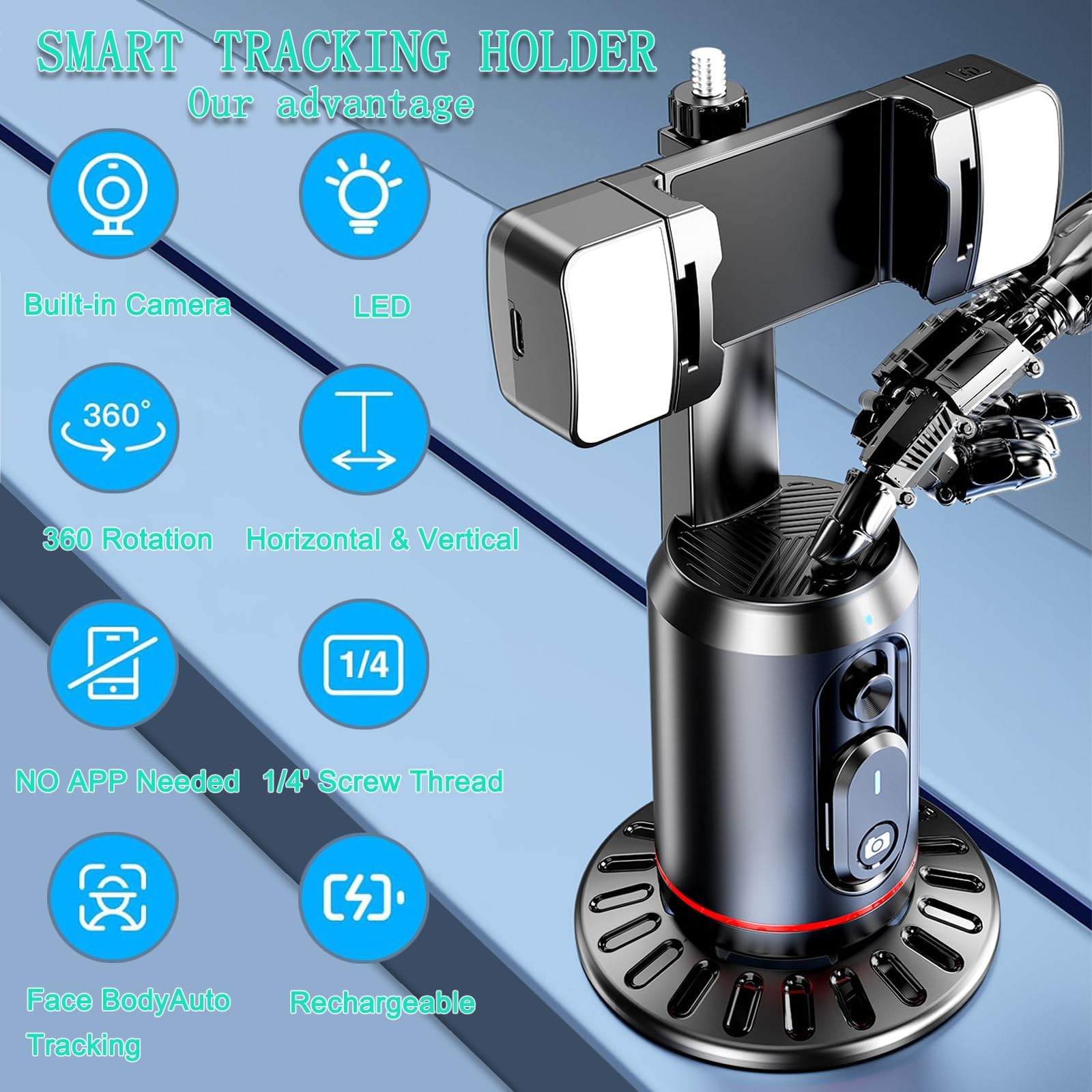 Crienten Auto Face Tracking Tripod, 360° AI Face Tracking Phone Holder with Remote, No App，Smart Phone Stand for iPhone & Android, Rechargeable Tripod for Video Recording, Live Streaming, TikTok, Vlog