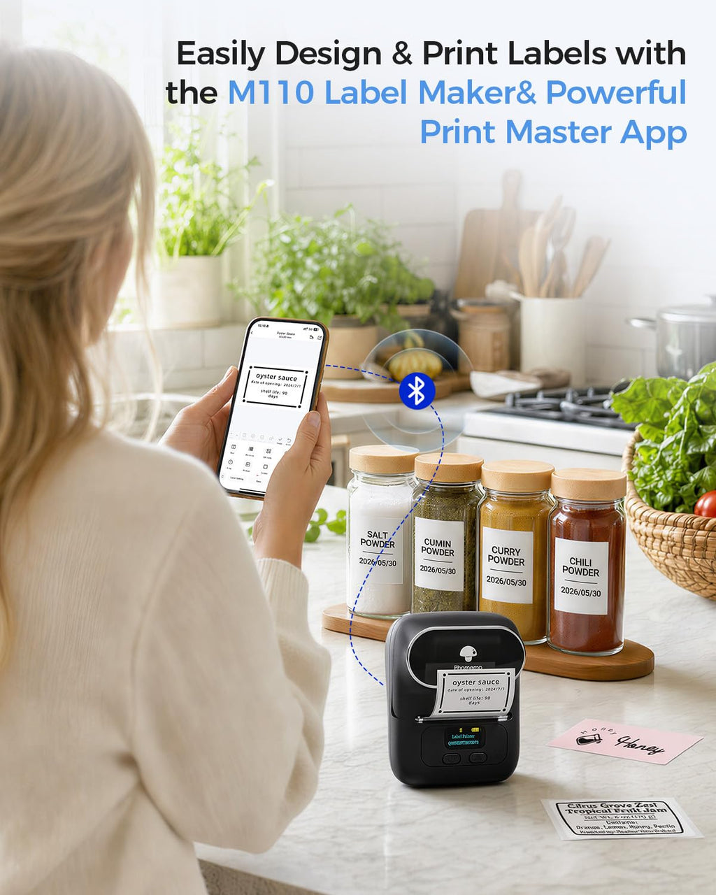 Phomemo M110 Label Makers - Barcode Label Printer Bluetooth Label Maker Portable Thermal Printer for Small Business, Address, Barcode, Logo, Clothing, Mailing, Sticker Printers for Phone & PC, Black