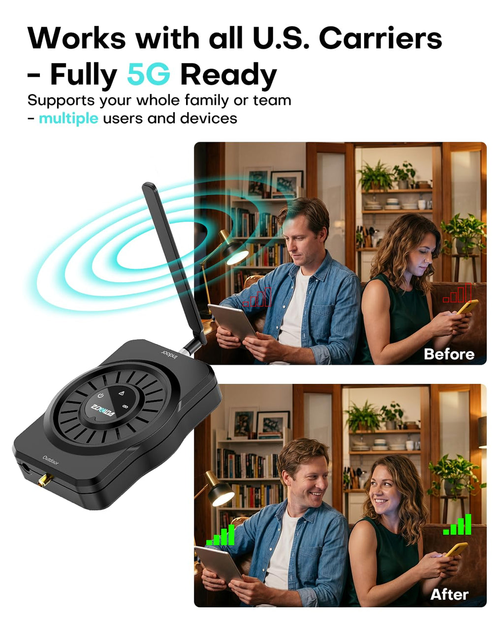 ZORIDA Cell Phone Signal Booster for All US Carriers, Boosts 5G 4G LTE 3G, Cell Phone Booster 72dB High Gain Antennas, Cellular Signal Booster Verizon, AT&T, T-Mobile, App Support FCC Approved 5S
