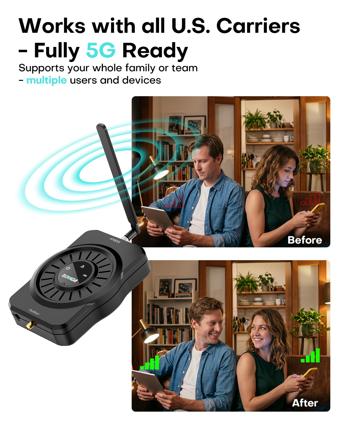 ZORIDA Cell Phone Signal Booster for All US Carriers, Boosts 5G 4G LTE 3G, Cell Phone Booster 72dB High Gain Antennas, Cellular Signal Booster Verizon, AT&T, T-Mobile, App Support FCC Approved 5S