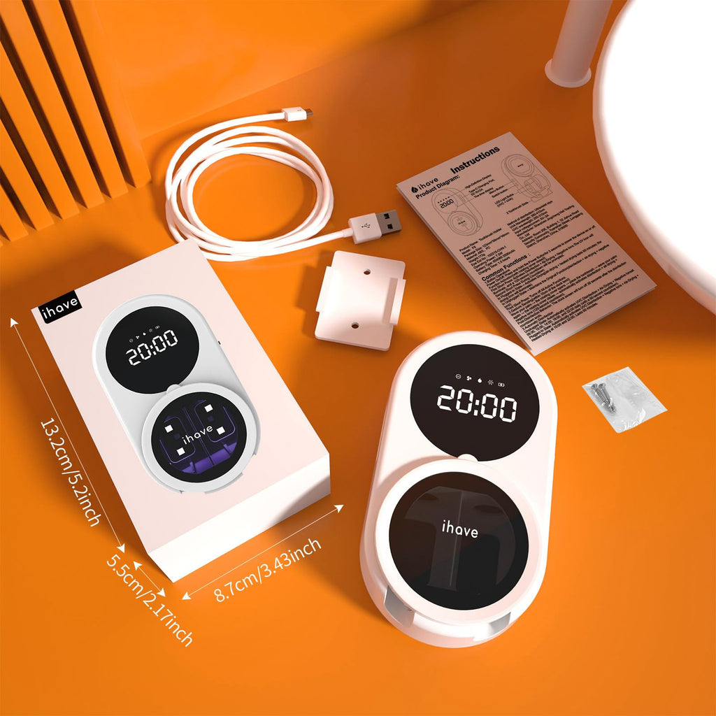 iHave Toothbrush Sanitizer Holder with UVC & 100M Negative Ions: Auto-Cycle for 360° Disinfection, Mold & Odor Removal | USB Toothbrush Holders Wall Mounted with Wave Sensor, LED, Heated & Fan Drying