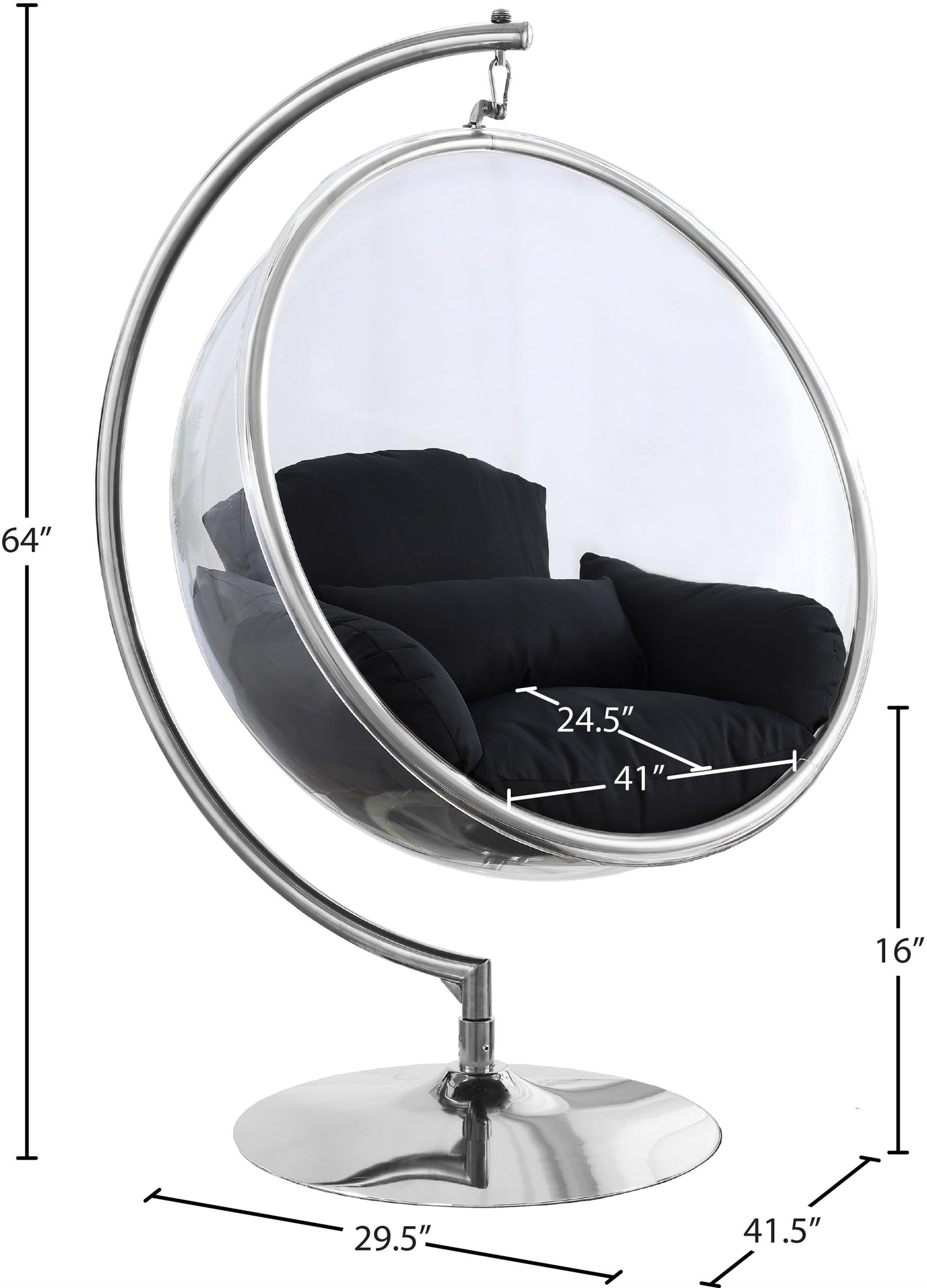 Meridian Furniture 507Black Luna Collection Modern | Contemporary Clear Acrylic Accent Swing Chair with Durable Metal Base and Fabric Seat, Black, Chrome Finish, 41.5" W x 29.5" D x 64" H