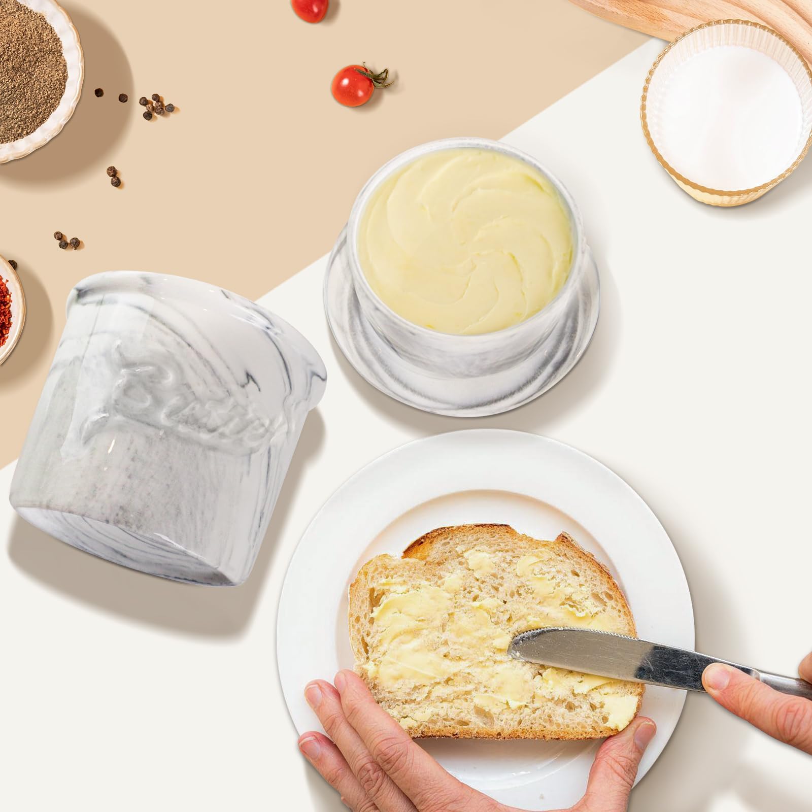 MSJGA Butter Crock for Counter with Water, French Butter Keeper for Spreadable Butter Marble Ceramic Butter Dish with Lid for Countertop, Butter Container Holder