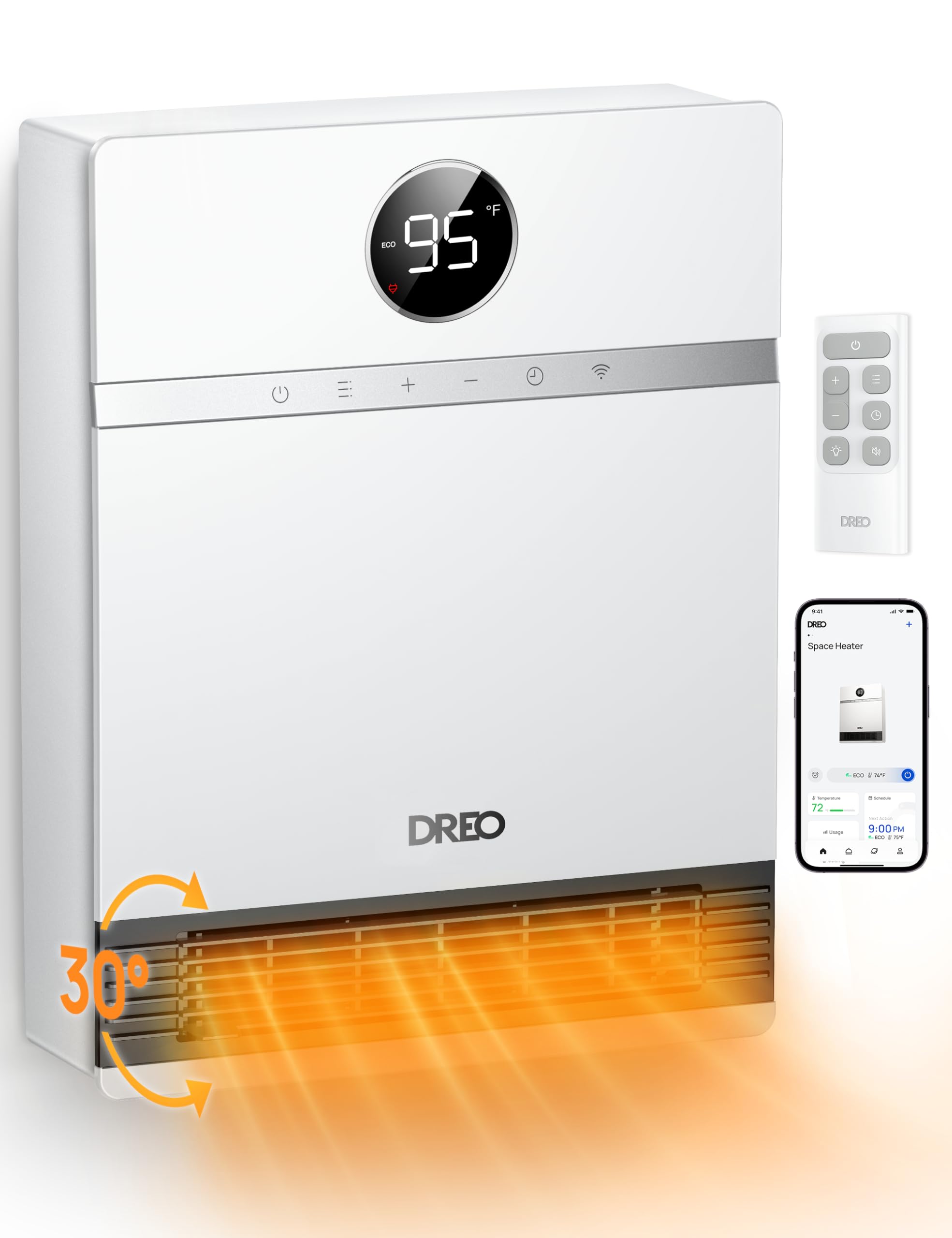 DREO Smart Wall Heater, IP24 Easy-mounted PTC Space Heater for Indoor Use, 30° Oscillation, Adjustable Thermostat, Remote Control, Works with Alexa, 24H Timer, Electric Heater for Bedroom, Office