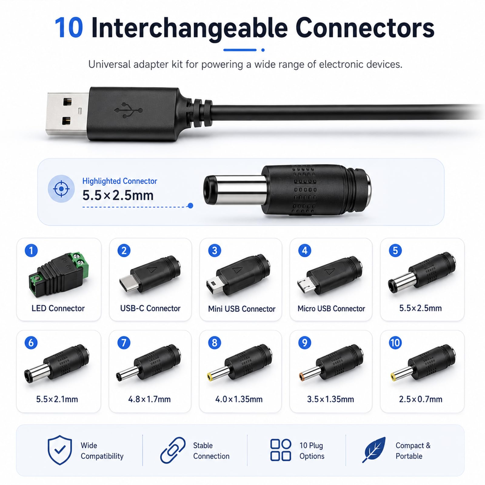Skrfren Universal Charger Power Core 5V Universal DC Power Cable USB to DC Charging Cord with 11 Pcs Adapter Plugs 3.3FT
