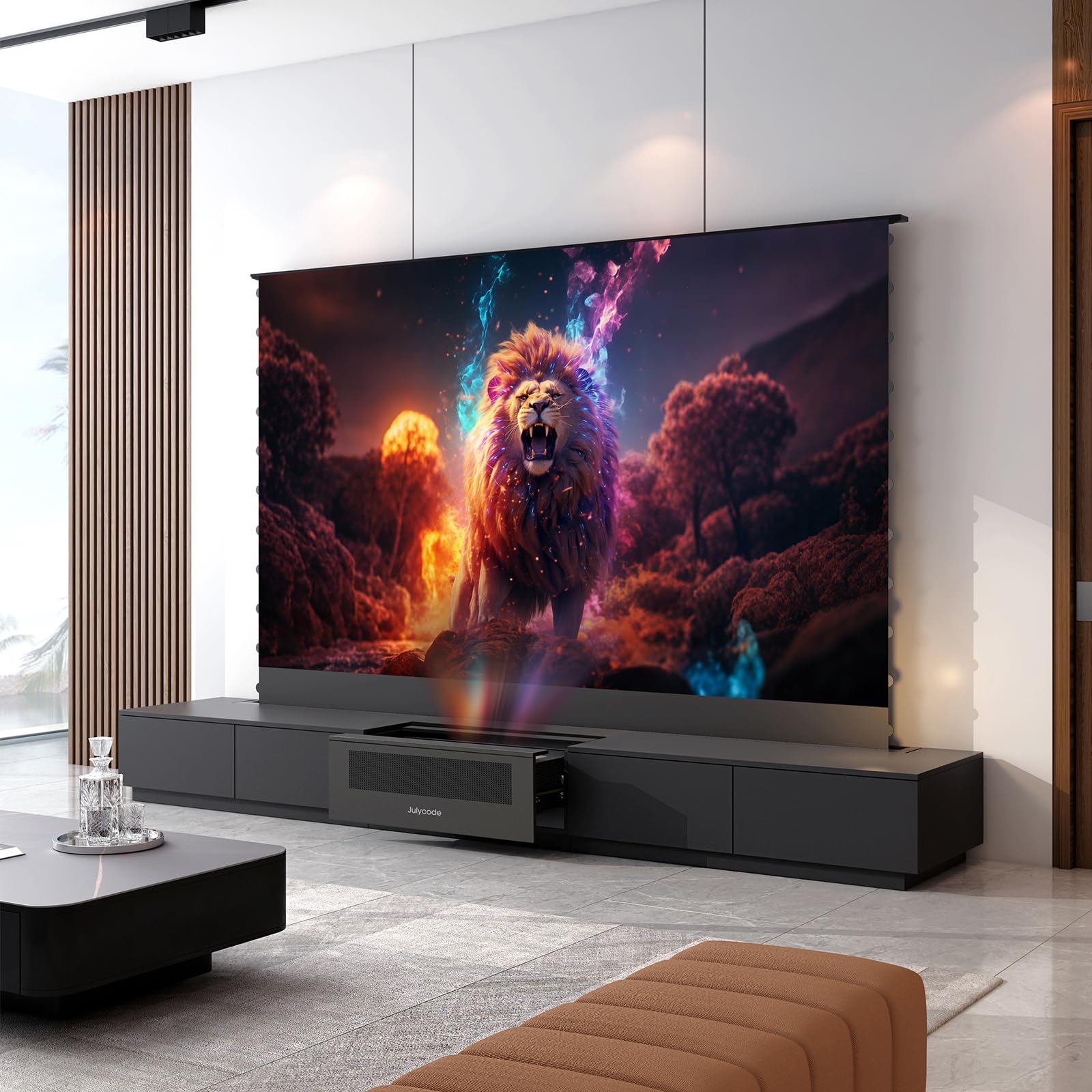 Julycode Motorized Laser TV Cabinet with ALR Floor-Rising Screen for Ultra - Short Throw Projector(100-inch Laser Cabinet) (Black, 120'' Laser Cabinet)