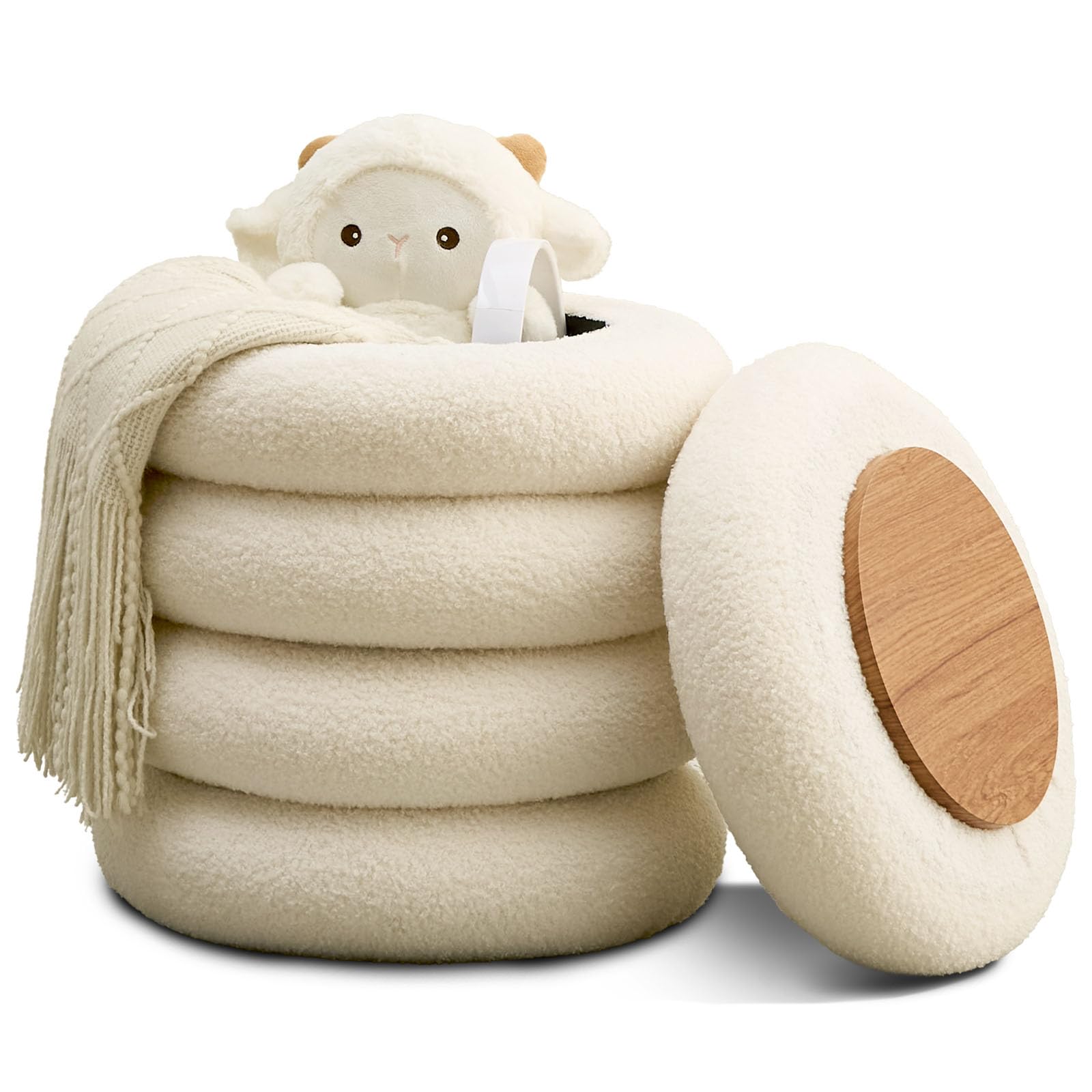 Wimarsbon Round Storage Ottoman, Modern Sherpa Footstool, Teddy Vanity Stool with Flip-Top Tray, Makeup Chair for Home Decor, Upholstered Footrest for Living Room & Bedroom (White S)