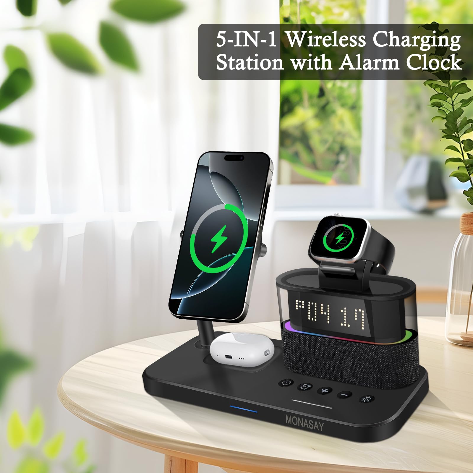 MONASAY Qi2 5 in 1 Wireless Charging Station, 23W Wireless Charger with Alarm Clock for Multiple Devices, Magnetic Charger Stand for iPhone 16/15/14/13/12 Series and AirPods, Apple Watch Series, Black