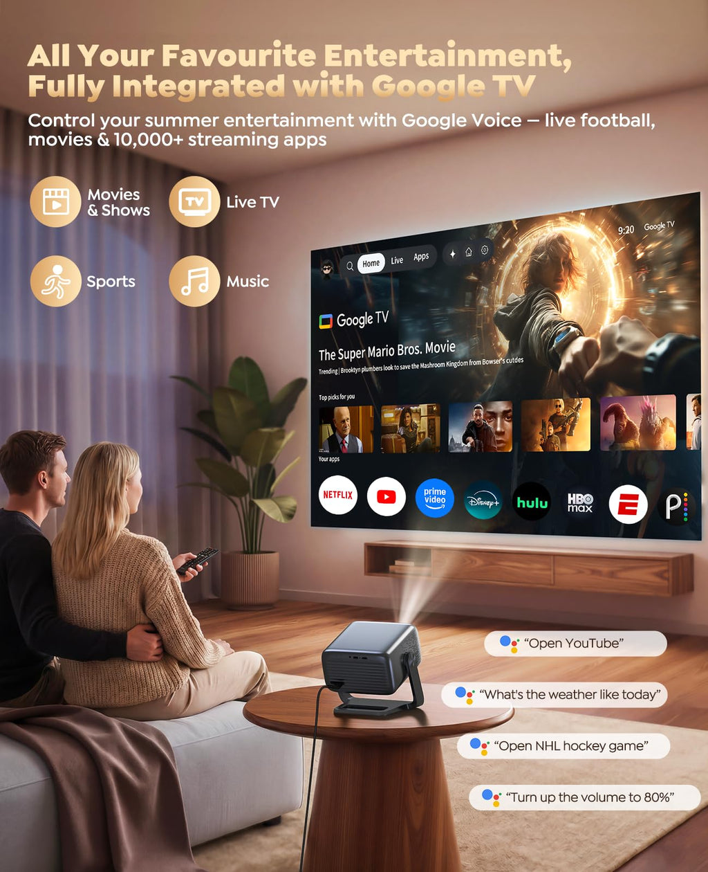 Smart 4K Projector [Google TV Stick Built-in & 360° Stand] with WiFi 6, Bluetooth 5.3, HDR10, 30W Hi-Fi, AI Auto Focus, Outdoor Portable Short Throw Movie Projector for Home Theater Bedroom Ceiling