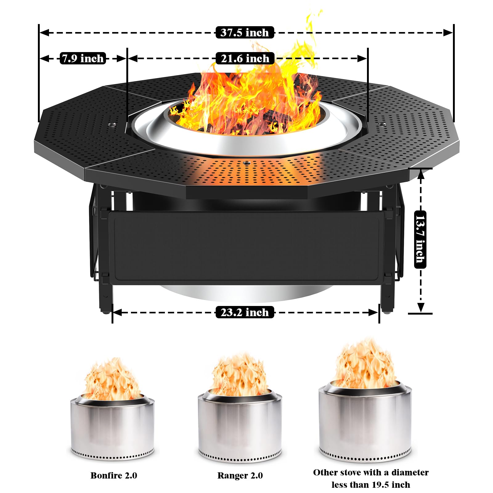 Larrik Surround Tabletop Use for Solo Stove Bonfire Ranger 2.0 and Mesa, Accessories for Solo Stove, Fire Pit Surround Table Adjustable with UV-Resistant Outdoor Fabric, Thick Metal Black