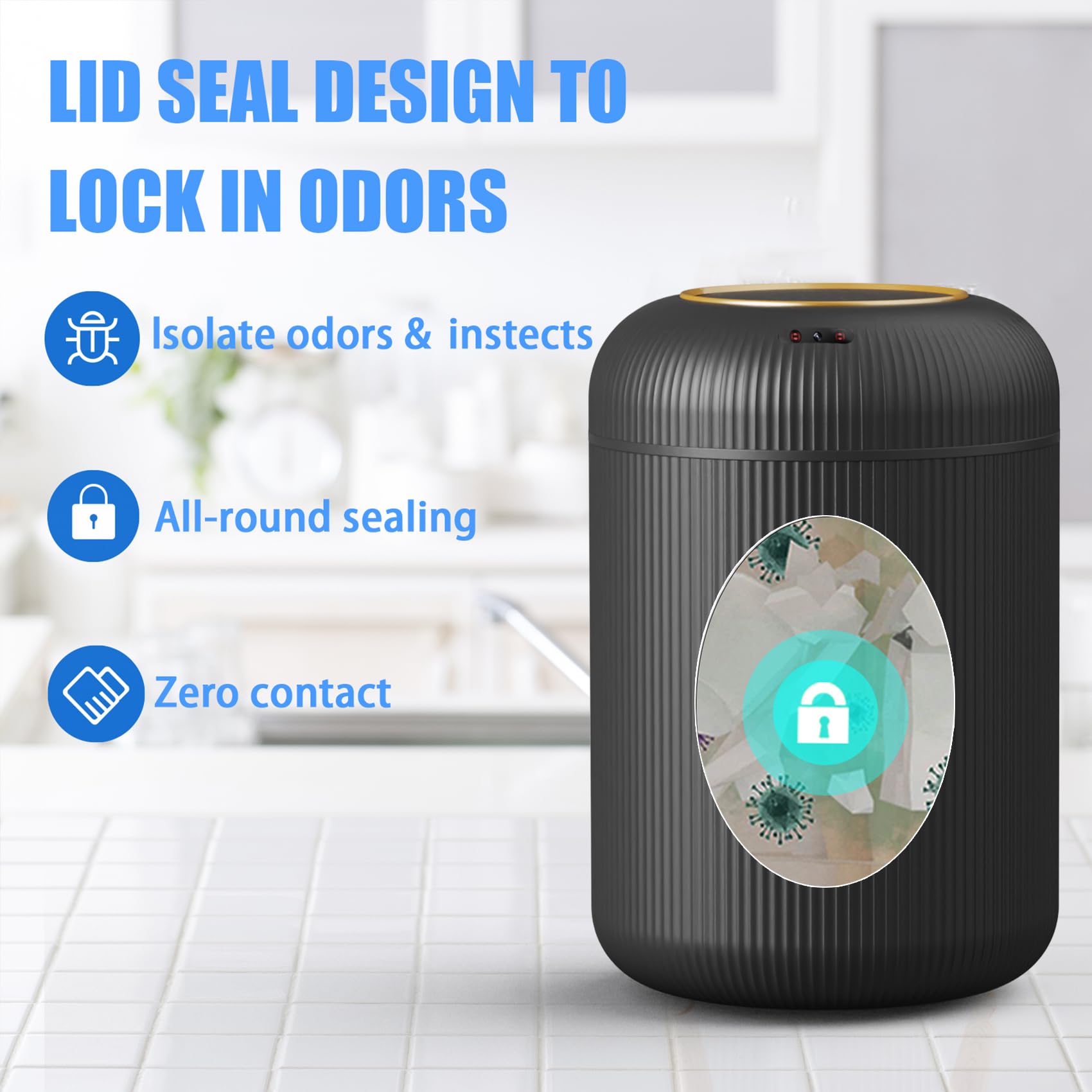URALFA Motion Sensor Trash Can with Lid, 3 Gallon / 11 L Automatic Bathroom Trash Can, Touchless Trash Bin, Smart Plastic Garbage Can for Bedroom, Kitchen, Living Room, Office, Black