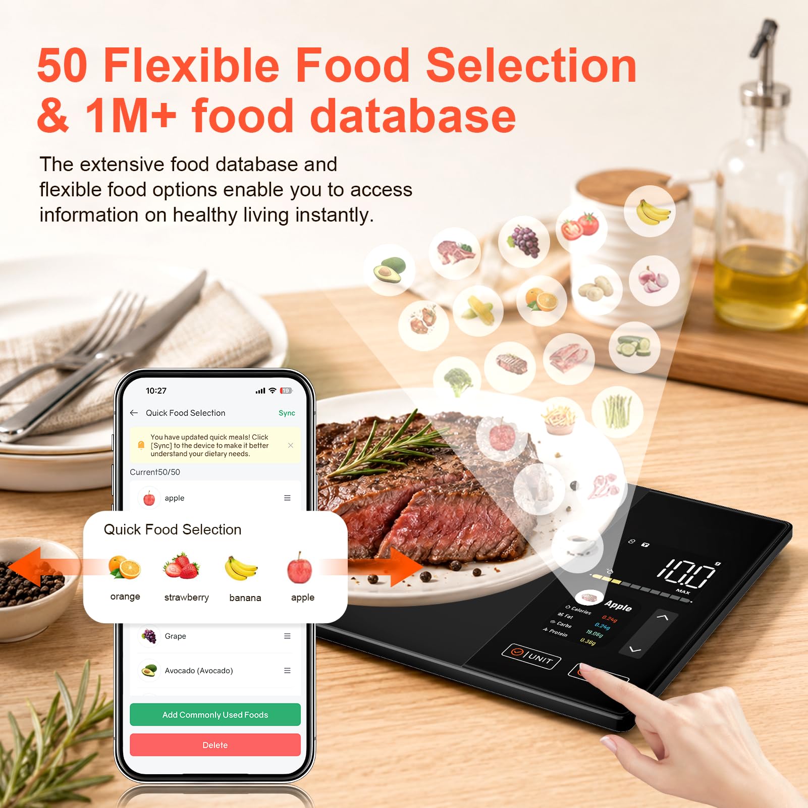 Smart Kitchen Food Scale with Nutritional Calculator, Calorie Fat Carbs Protein Tracker, Free App, Barcode Scan, Food Preload, 23 Nutrients, On-Screen Display, Personal Goals, 11 lb / 5 kg