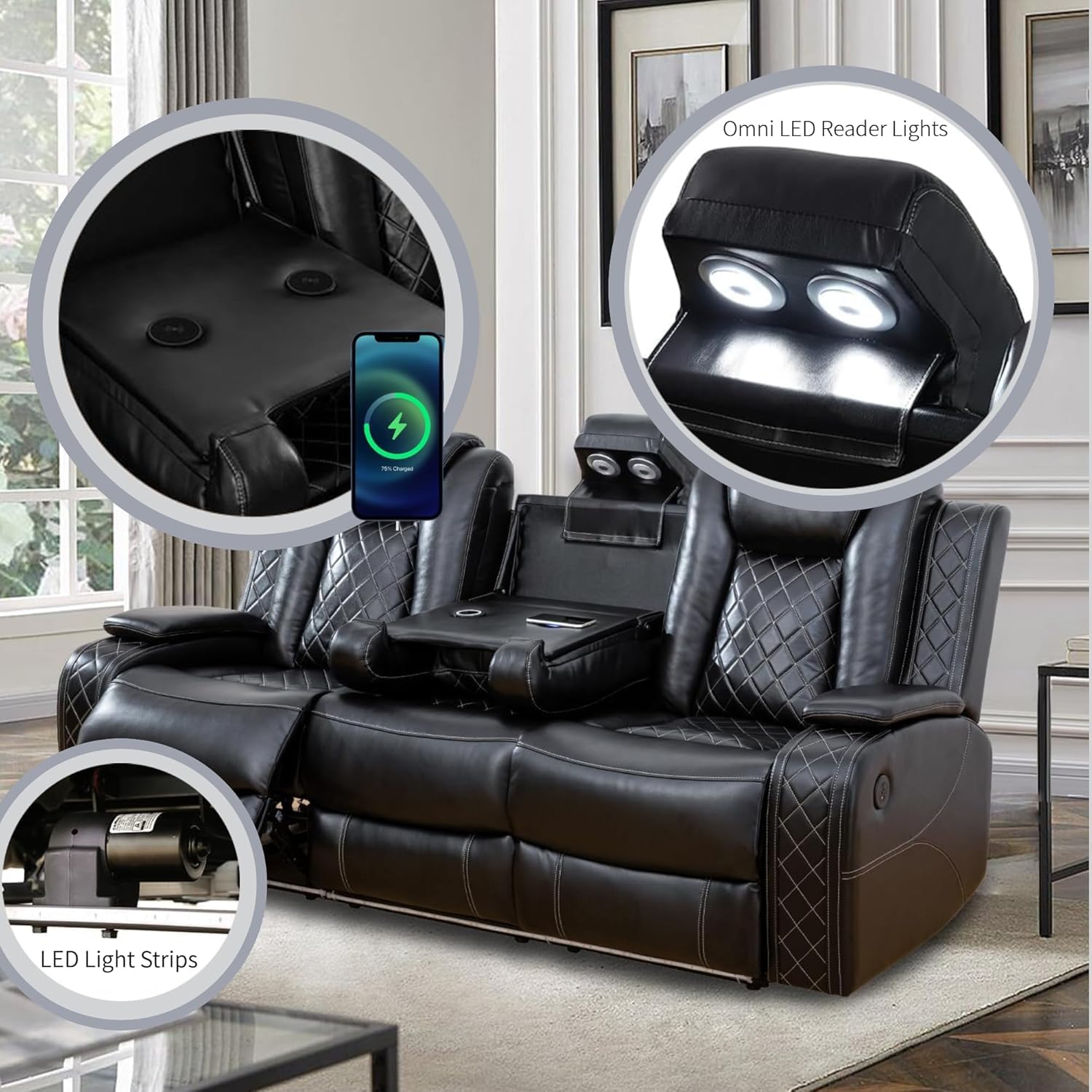 AYCP Furniture Power Recliner Set with LED Lights, Air Leather Reclining Set with USB Port/Wireless Charger/Storage Console/Cup Holder for House/HomeTheater/Apt (Black, Sofa Loveseat Chair)