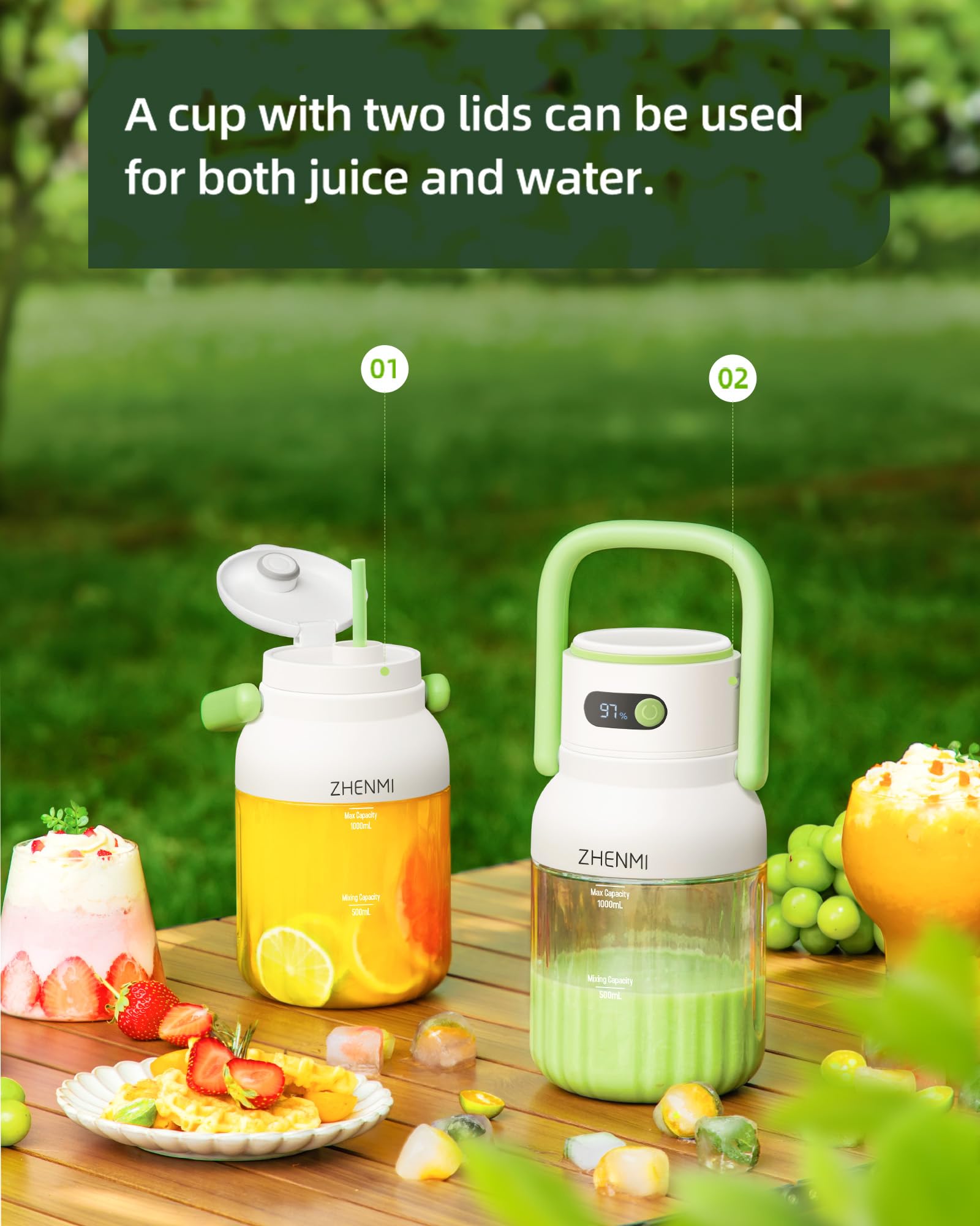 ZHENMI Portable Blender, Personal Blender for Smoothies & Shakes, Cordless, 33oz BPA-Free Vessel, 18000RPM Motor, Leakproof Lid with Sip Spout, USB-C Rechargeable, Easy-to-Clean Parts (Green)