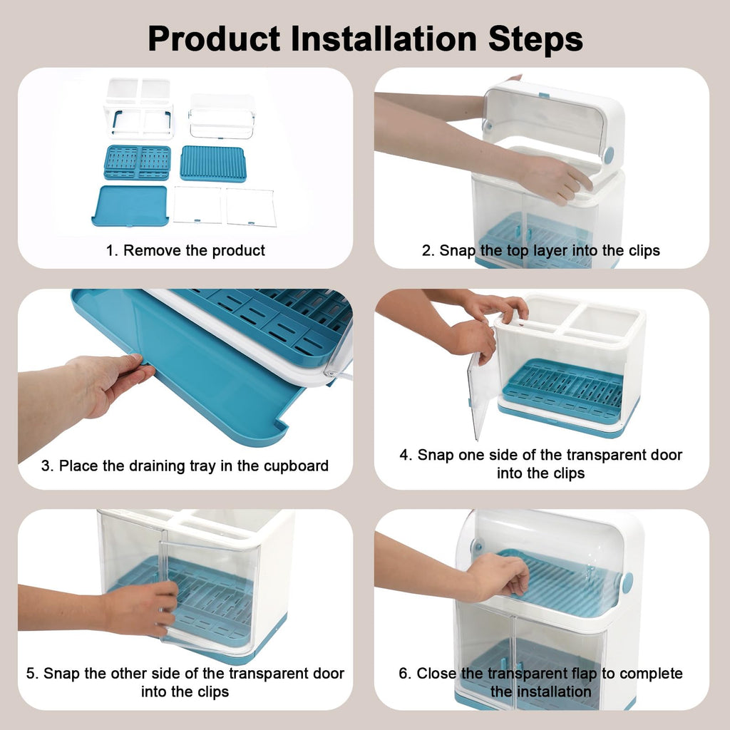 Ageanbri 2 Tier Dish Drying Rack Drain Board with Lid Cover, Drain Board with Lid Plastic Cover, Drying Rack Storage Case for Kitchen Countertop, Dustproof Kitchen Supplies Shelf Utensils Organize