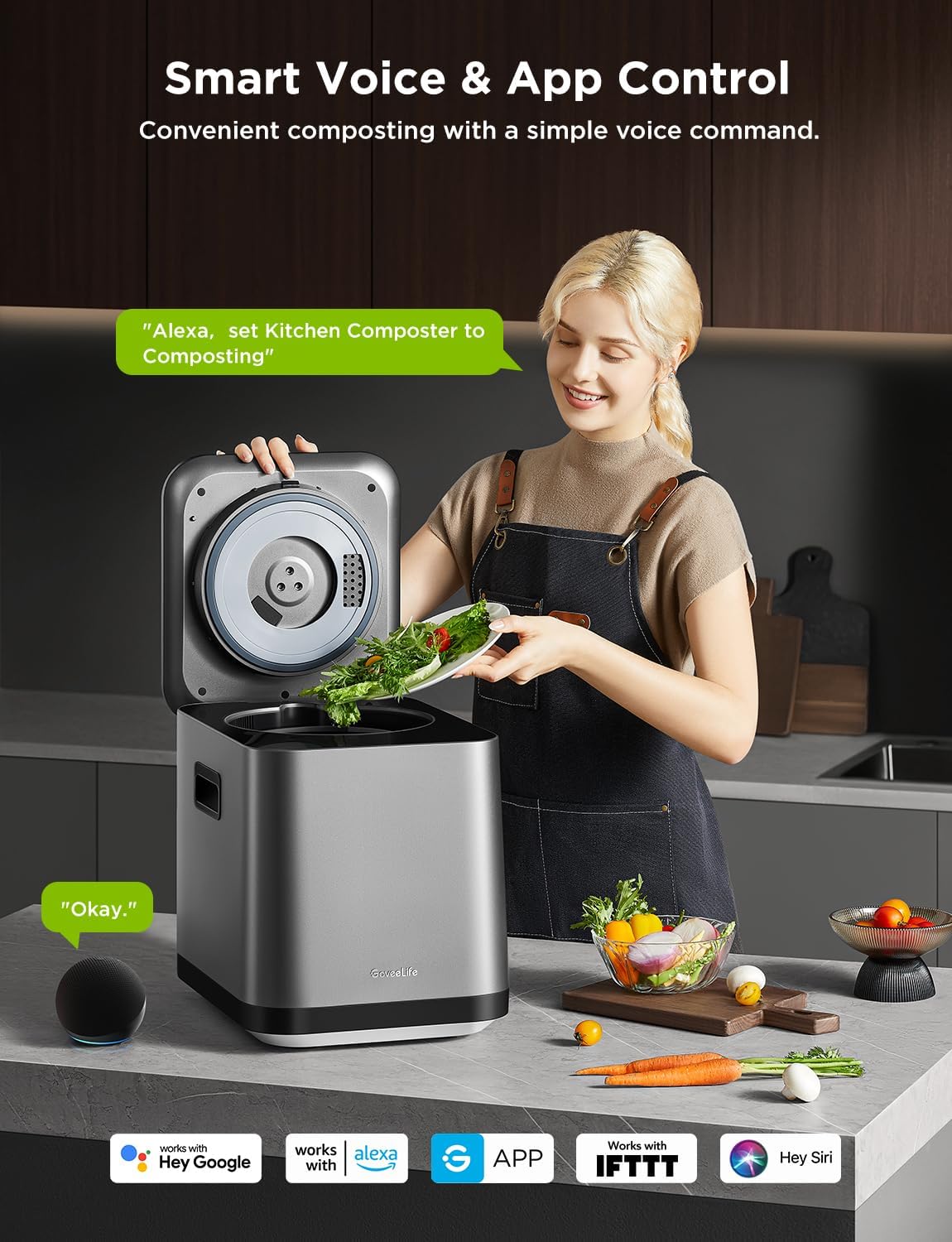 GoveeLife Smart Electric Composter for Kitchen, 3L Compost Bin Indoor with App & Voice Control, Auto-Cleaning, 3 Modes, Turn Food Waste to Fertilizer for Garden, Food Waste Compost Machine