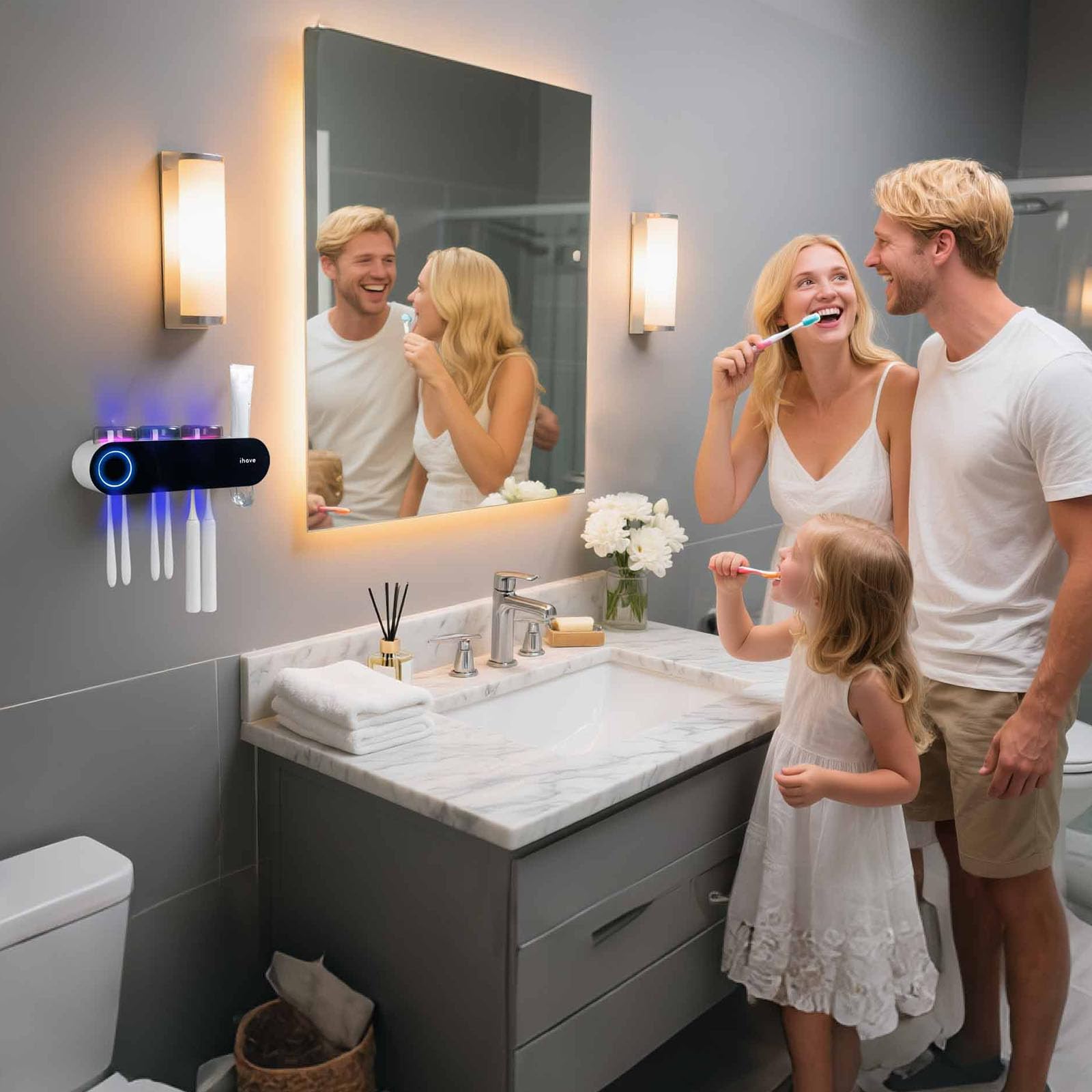 iHave Wall Mounted Electric Toothbrush Holders with 3 Cups, UV Sanitizer, Toothpaste Dispenser, Smart Home Bathroom Accessories & Decor, Black