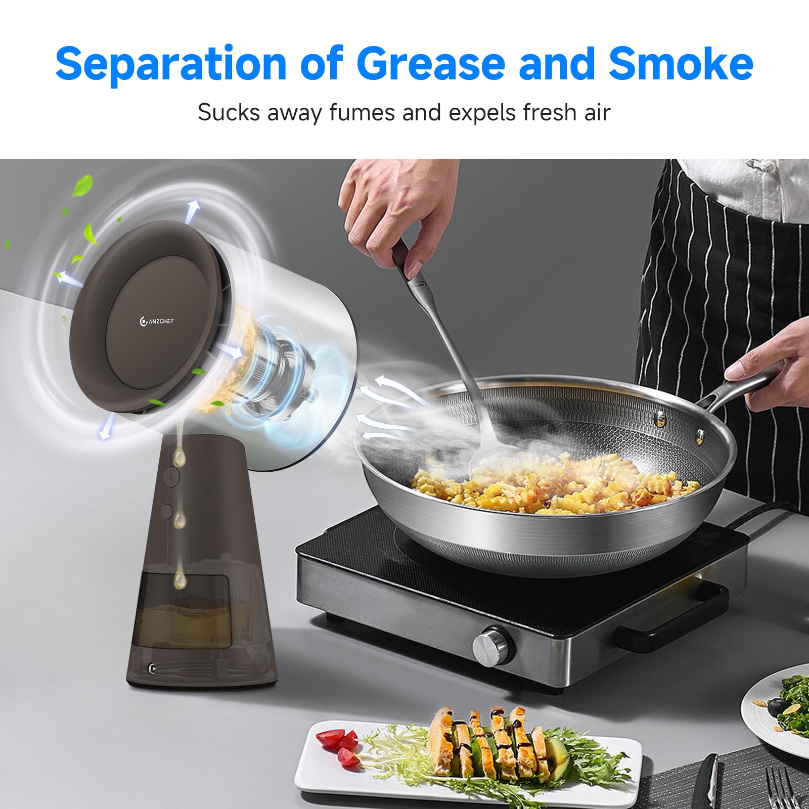 AMZCHEF Portable Range Hood, 3-Speed Desktop Exhaust Fan for Indoor BBQ & Hot Pot, Low-Noise Portable Kitchen Vent Hood with Large Oil Collection Cup & Detachable Aluminum Filter, Silver brown