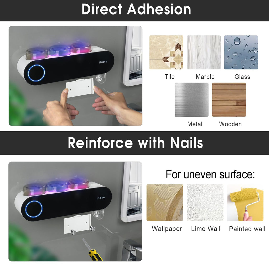 iHave Wall Mounted Electric Toothbrush Holders with 3 Cups, UV Sanitizer, Toothpaste Dispenser, Smart Home Bathroom Accessories & Decor, Black