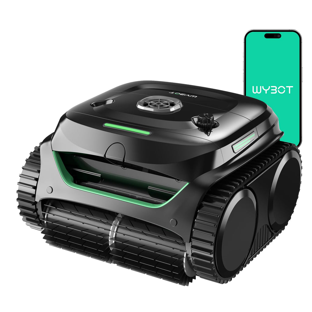 Robotic Pool Vacuum, WYBOT C2 Cordless Pool Cleaner with Dual Filtration, Wall & Waterline Cleaning, Lasts 150-180Mins, App Scheduling, for Inground Pools up to 2260 Sq.ft, Jet Black with Green Handle