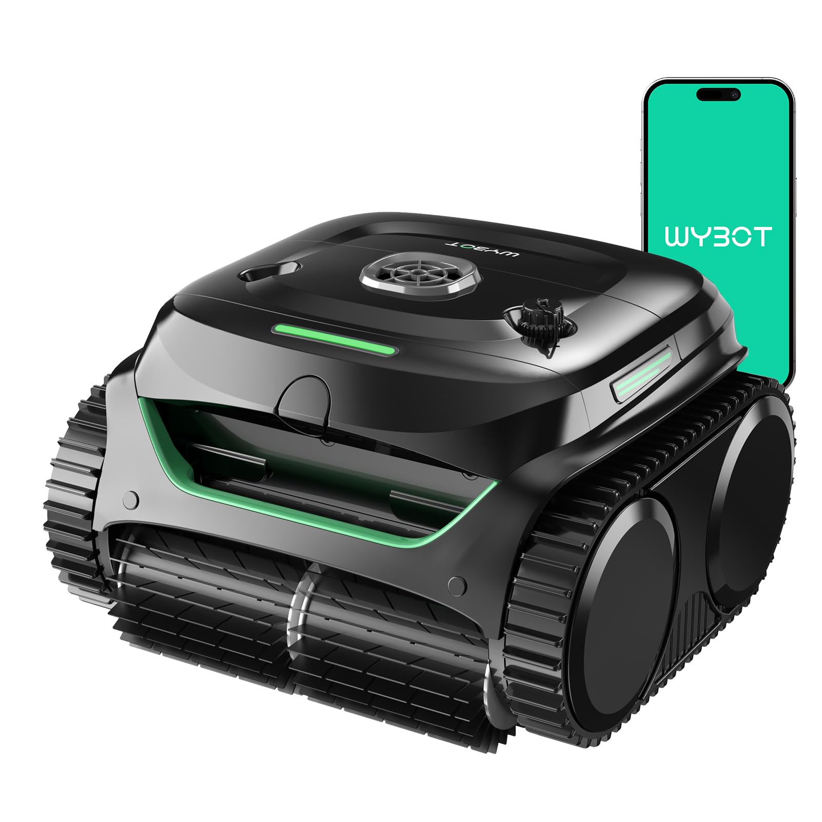 Robotic Pool Vacuum, WYBOT C2 Cordless Pool Cleaner with Dual Filtration, Wall & Waterline Cleaning, Lasts 150-180Mins, App Scheduling, for Inground Pools up to 2260 Sq.ft, Jet Black with Green Handle